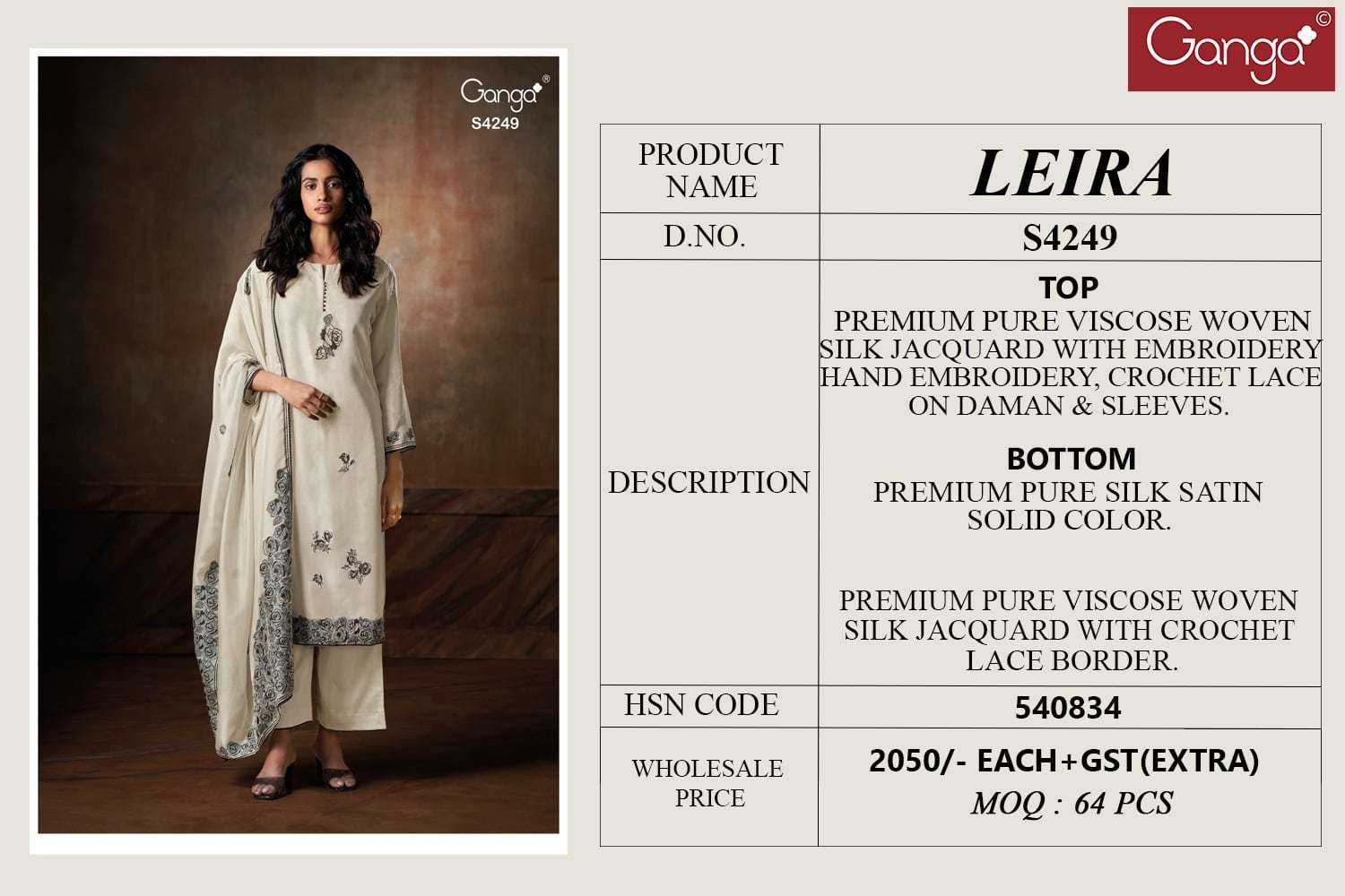 Ganga Fashion Leira 4249 Pure Woven Silk Premium Designs Suits view 3