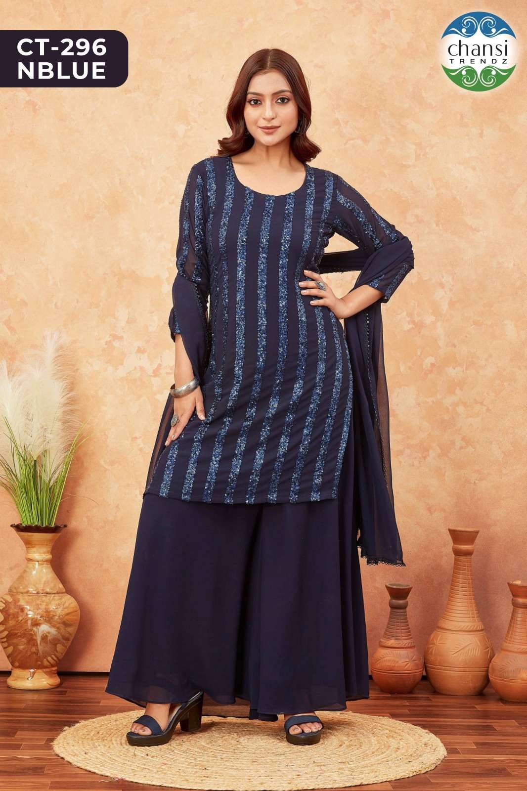 Chansi Trendz Ct 296 Nblue Fancy Georgette 3 Piece Palazzo Suit Collection view 3