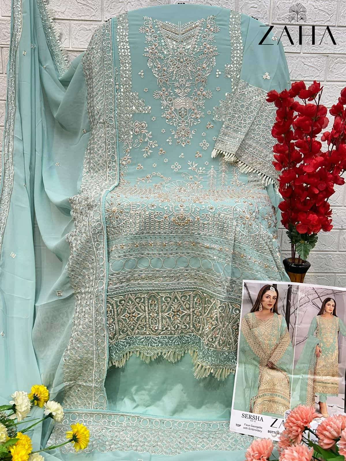 Zaha Sersha Vol 6 10288 Colors Pakistani Georgette Embroidered Suit Wholesalers view 7
