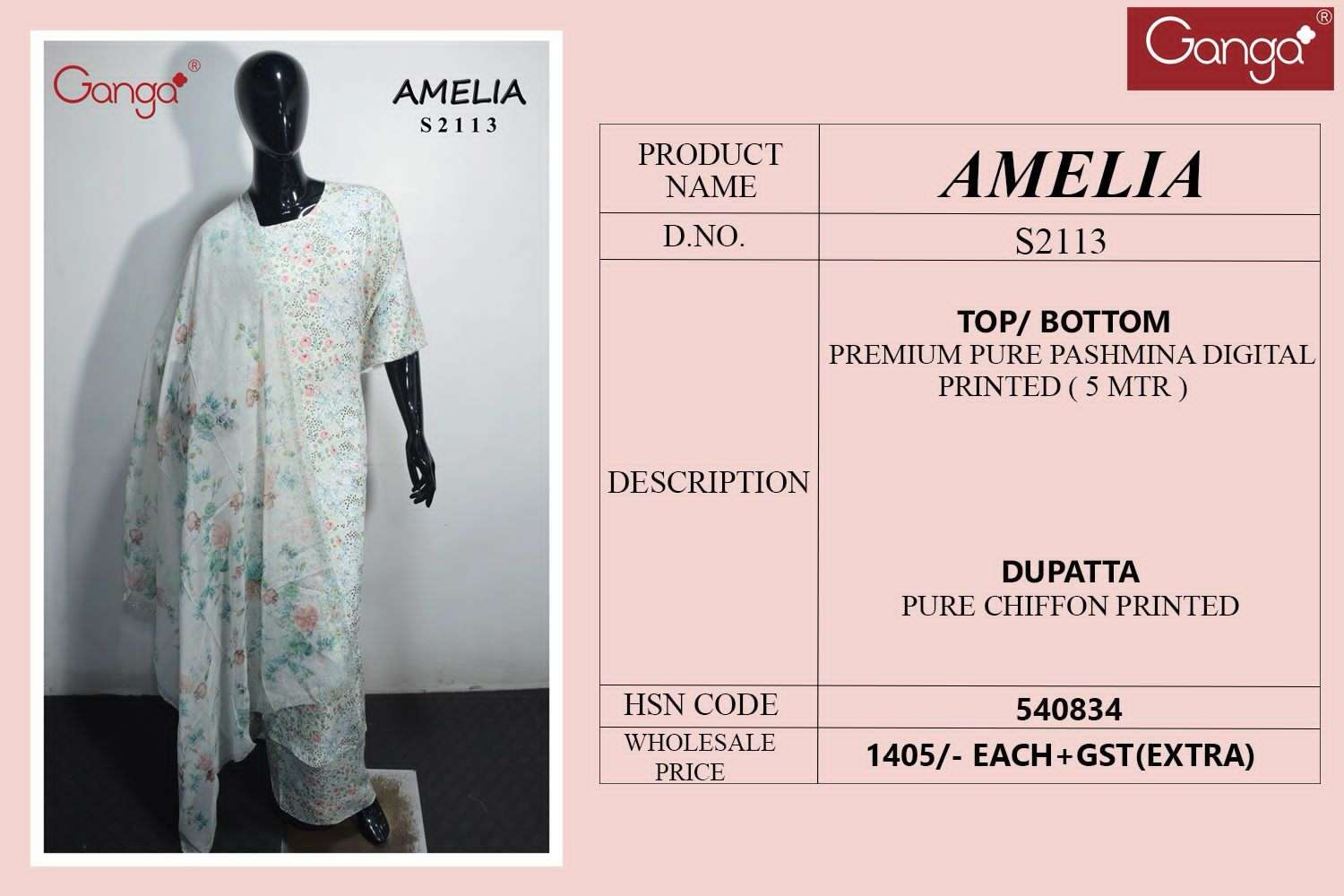 Ganga Amelia 2113 Winter Collection Pure Pashmina Branded Suits view 3