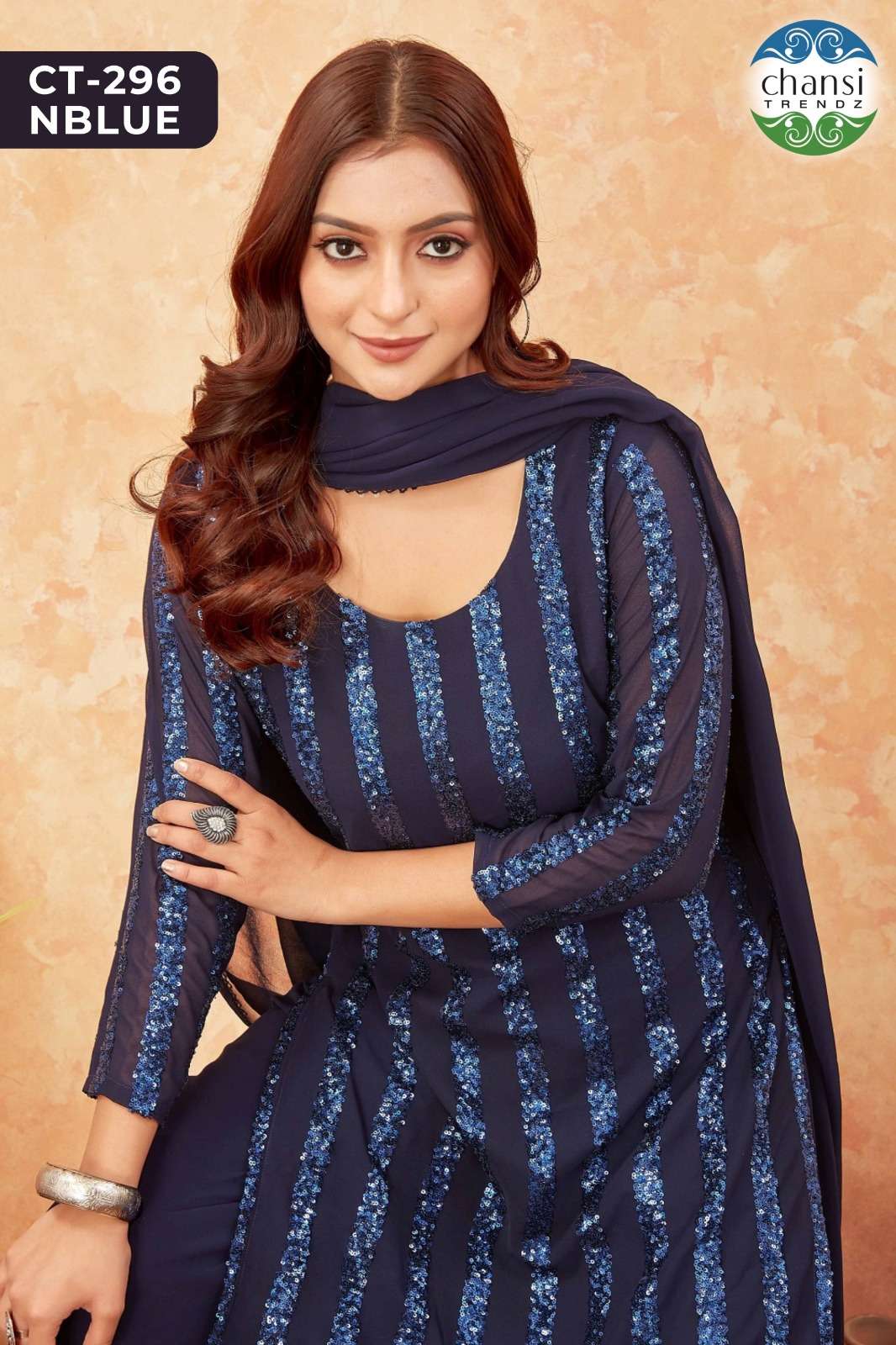 Chansi Trendz Ct 296 Nblue Fancy Georgette 3 Piece Palazzo Suit Collection view 2
