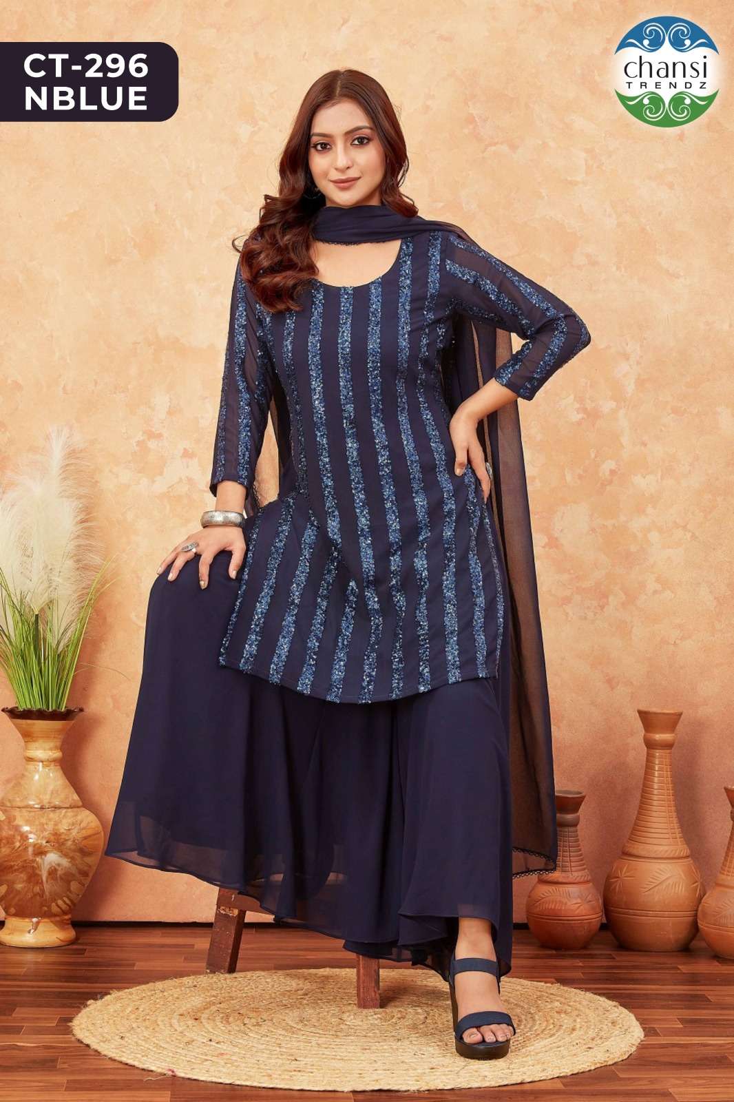 Chansi Trendz Ct 296 Nblue Fancy Georgette 3 Piece Palazzo Suit Collection view 4