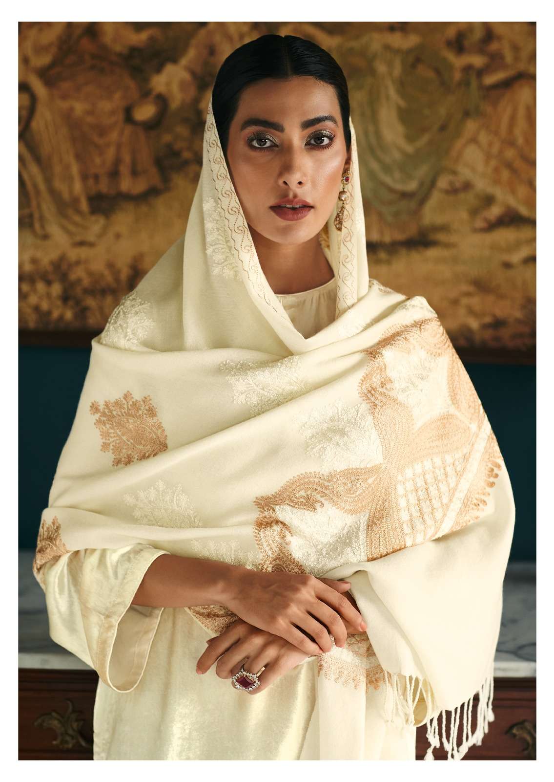 Varsha Iris Cream Colour Hit Designer Velvet Suit view 3