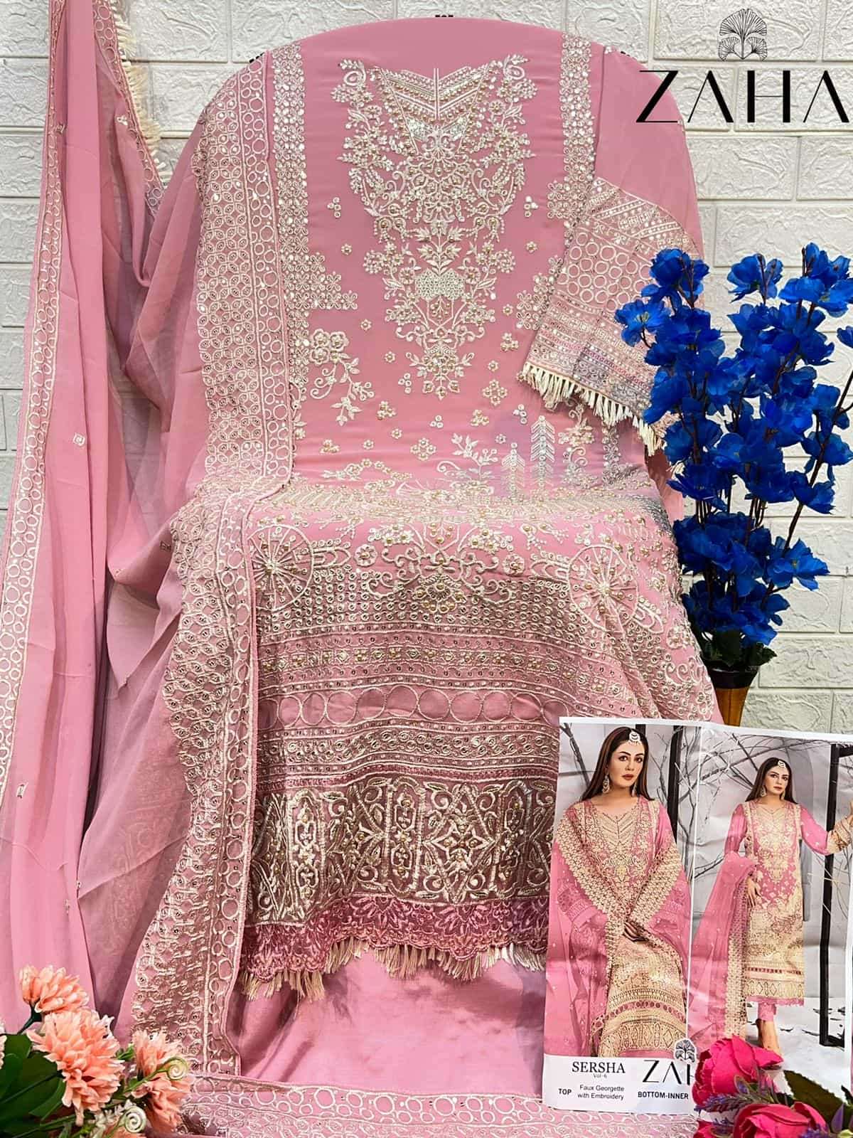 Zaha Sersha Vol 6 10288 Colors Pakistani Georgette Embroidered Suit Wholesalers view 9