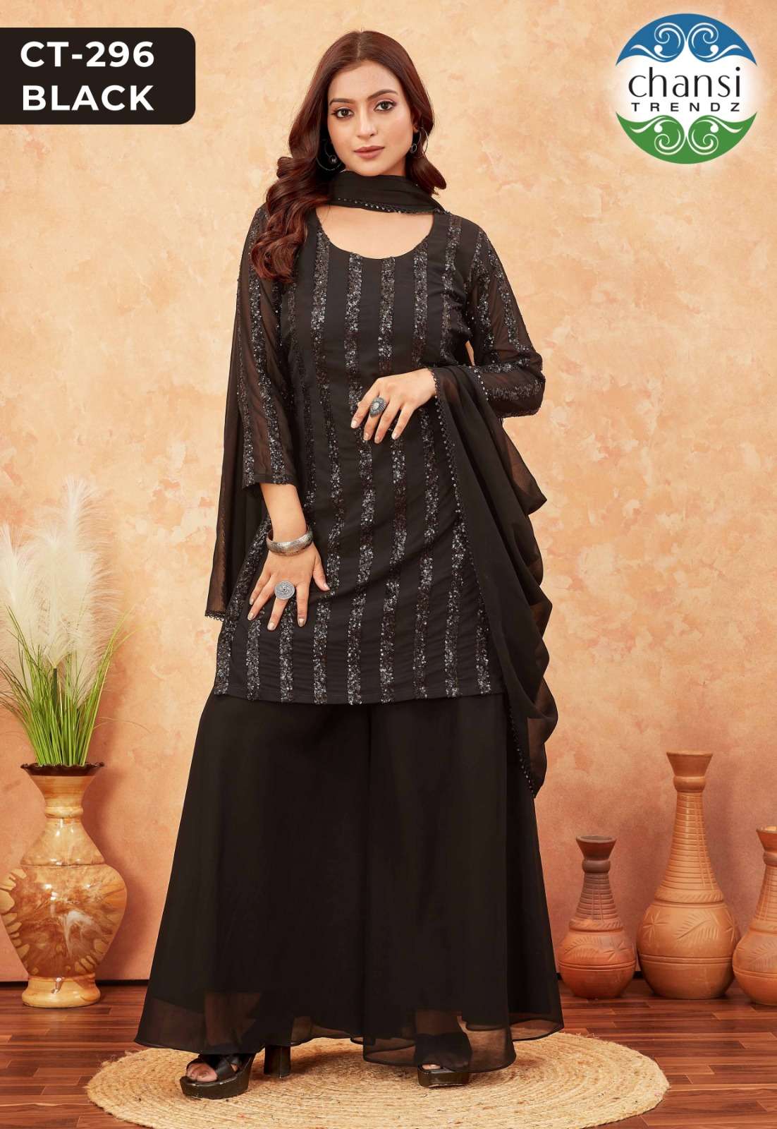 Chansi Trendz Ct 296 Black Fancy Georgette Palazzo Suit Collection view 5