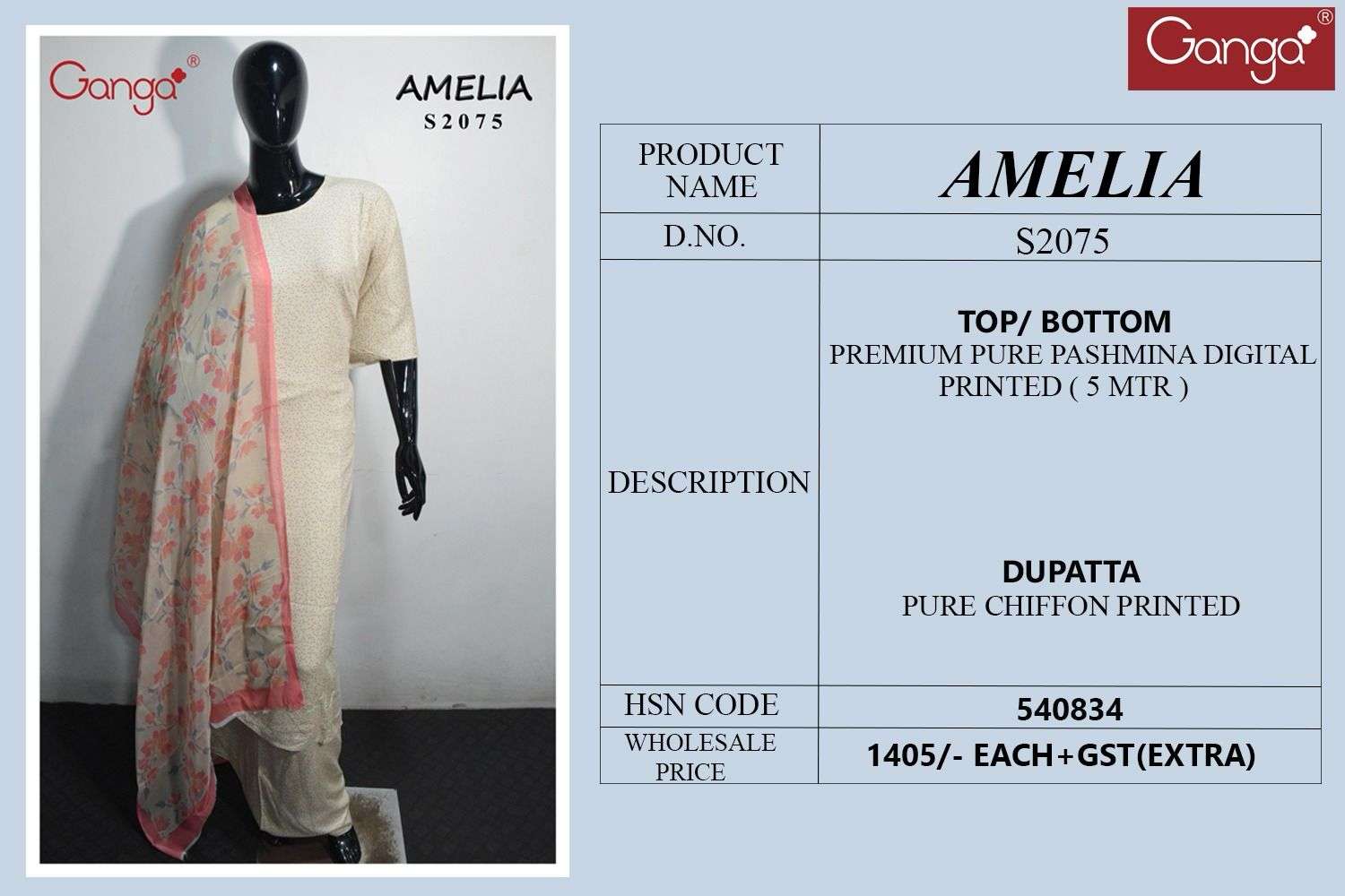Ganga Amelia 2075 Digital Printed Pure Pashmina Suits New Collection view 3
