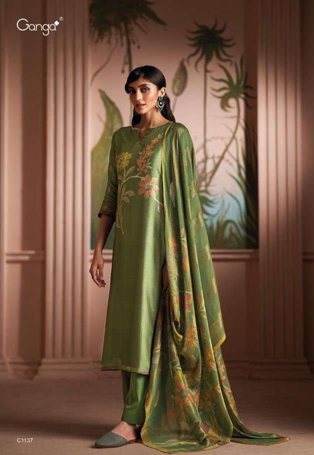 Ganga Shanaya 1137 Green Pure Russian Silk Branded Ladies Suit Winter Collection view 2