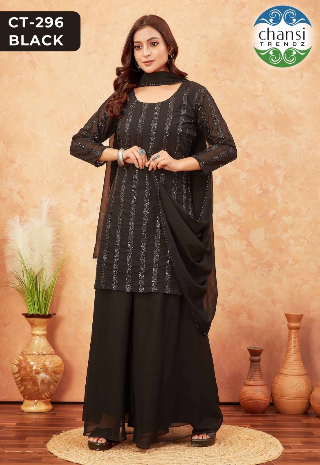 Chansi Trendz Ct 296 Black Fancy Georgette Palazzo Suit Collection view 4