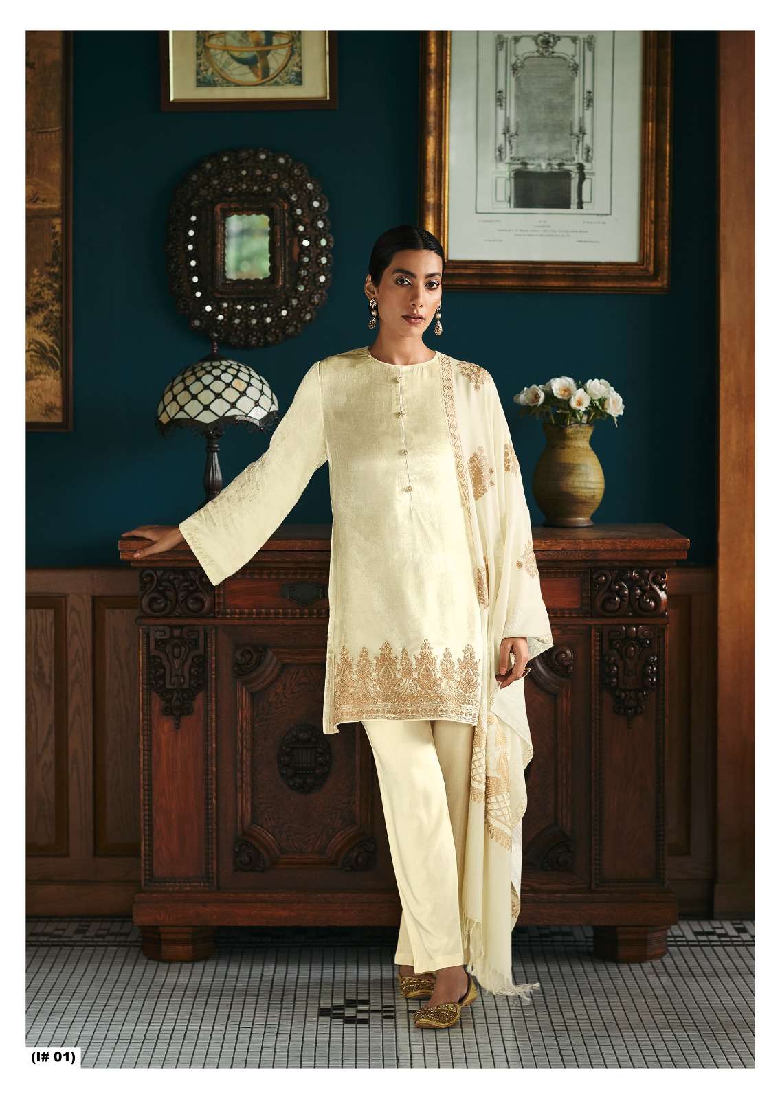 Varsha Iris Cream Colour Hit Designer Velvet Suit view 2