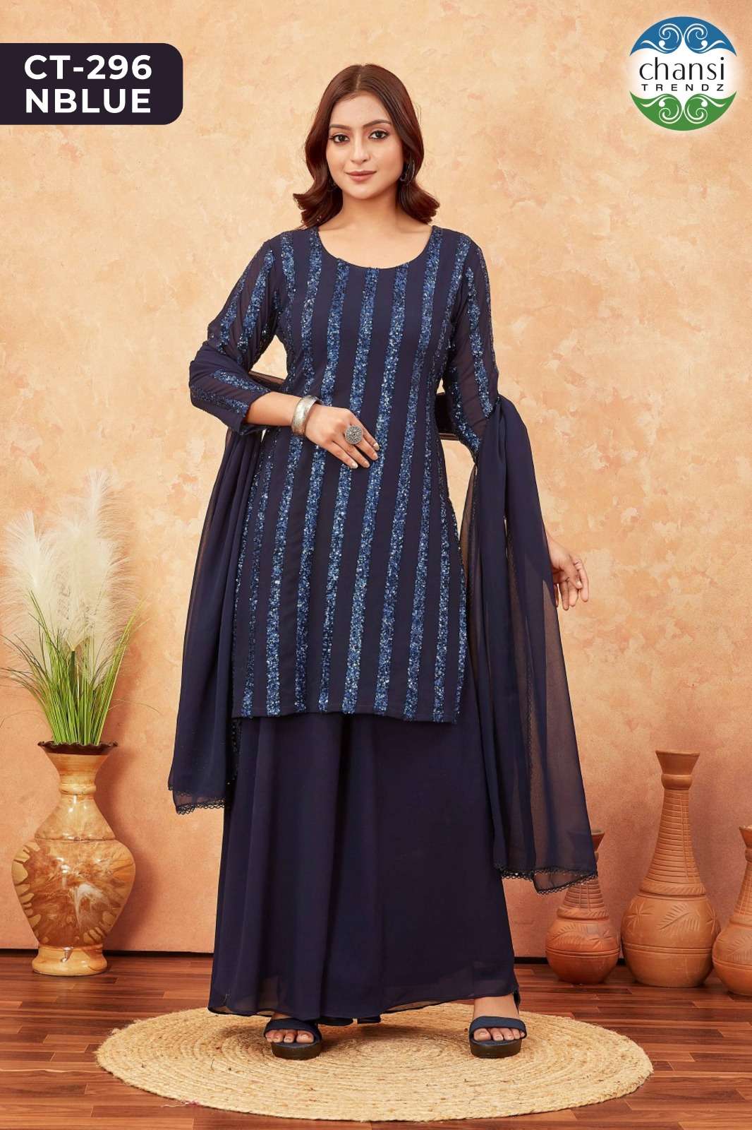 Chansi Trendz Ct 296 Nblue Fancy Georgette 3 Piece Palazzo Suit Collection view 6