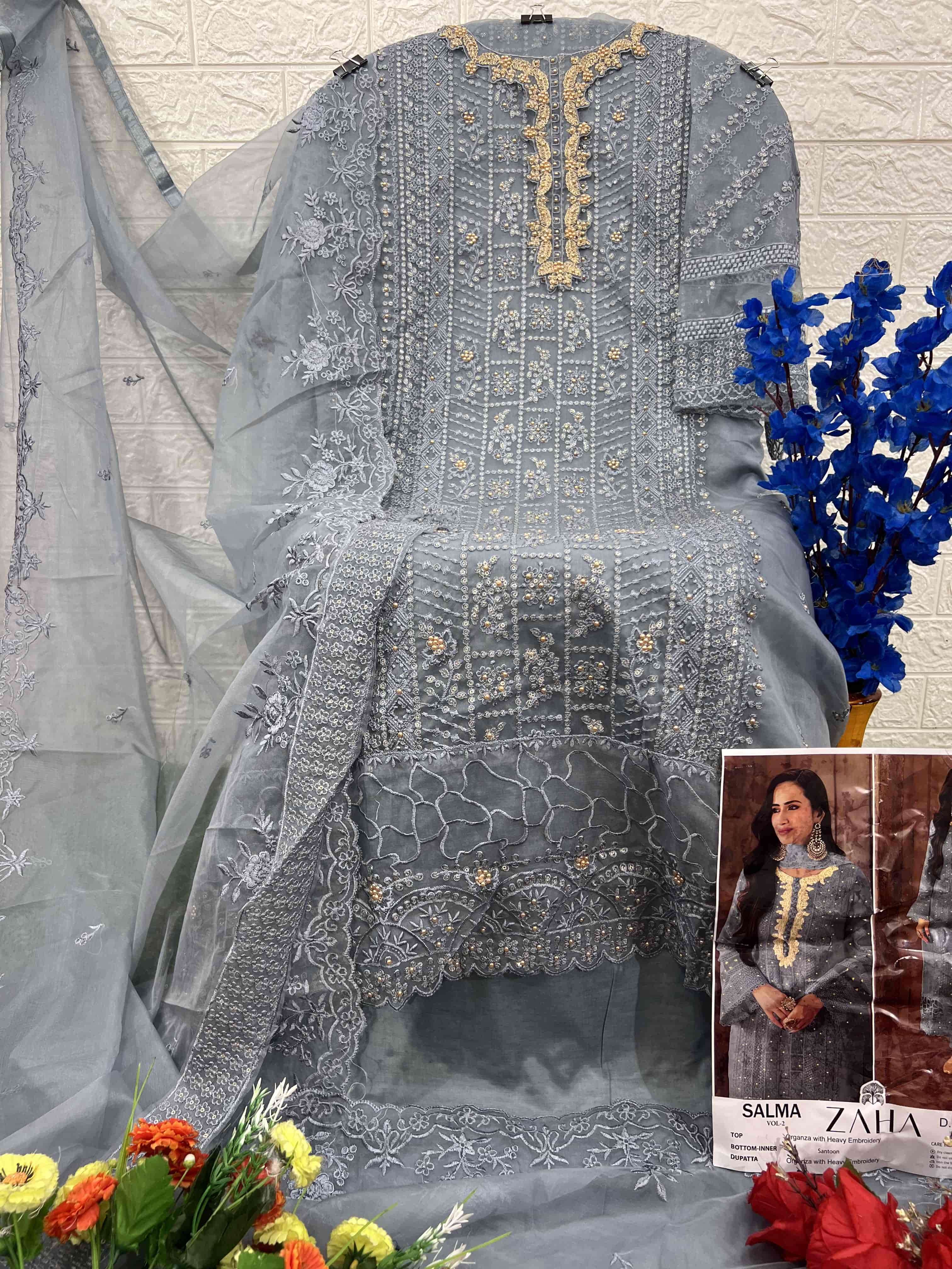 Zaha 10350 A Fancy Designer Style Organza Embroidered Suit Exporter view 2