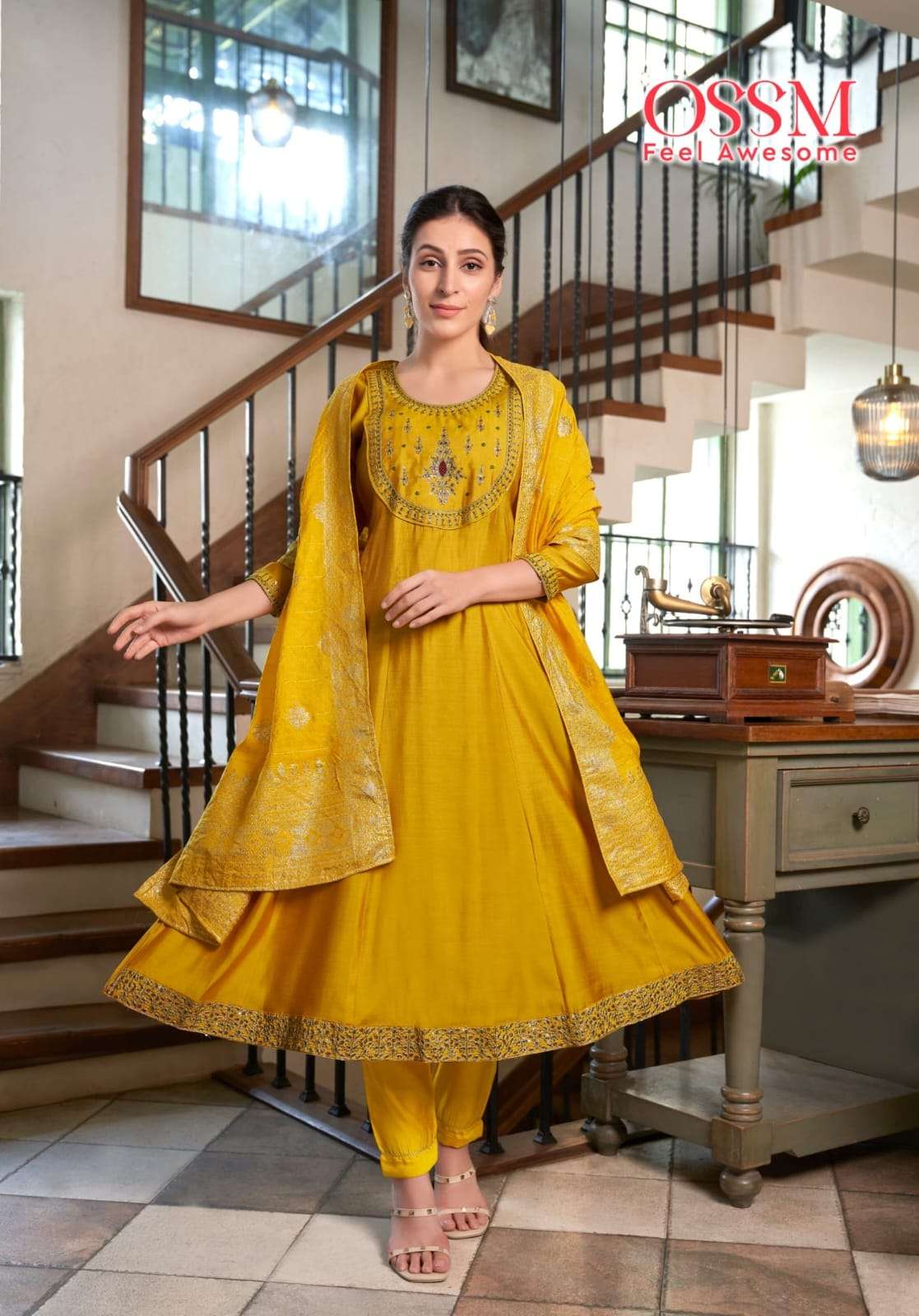 Ossm Sargam Stylish Anarkali Kurti Pant Dupatta Set New Designs view 4