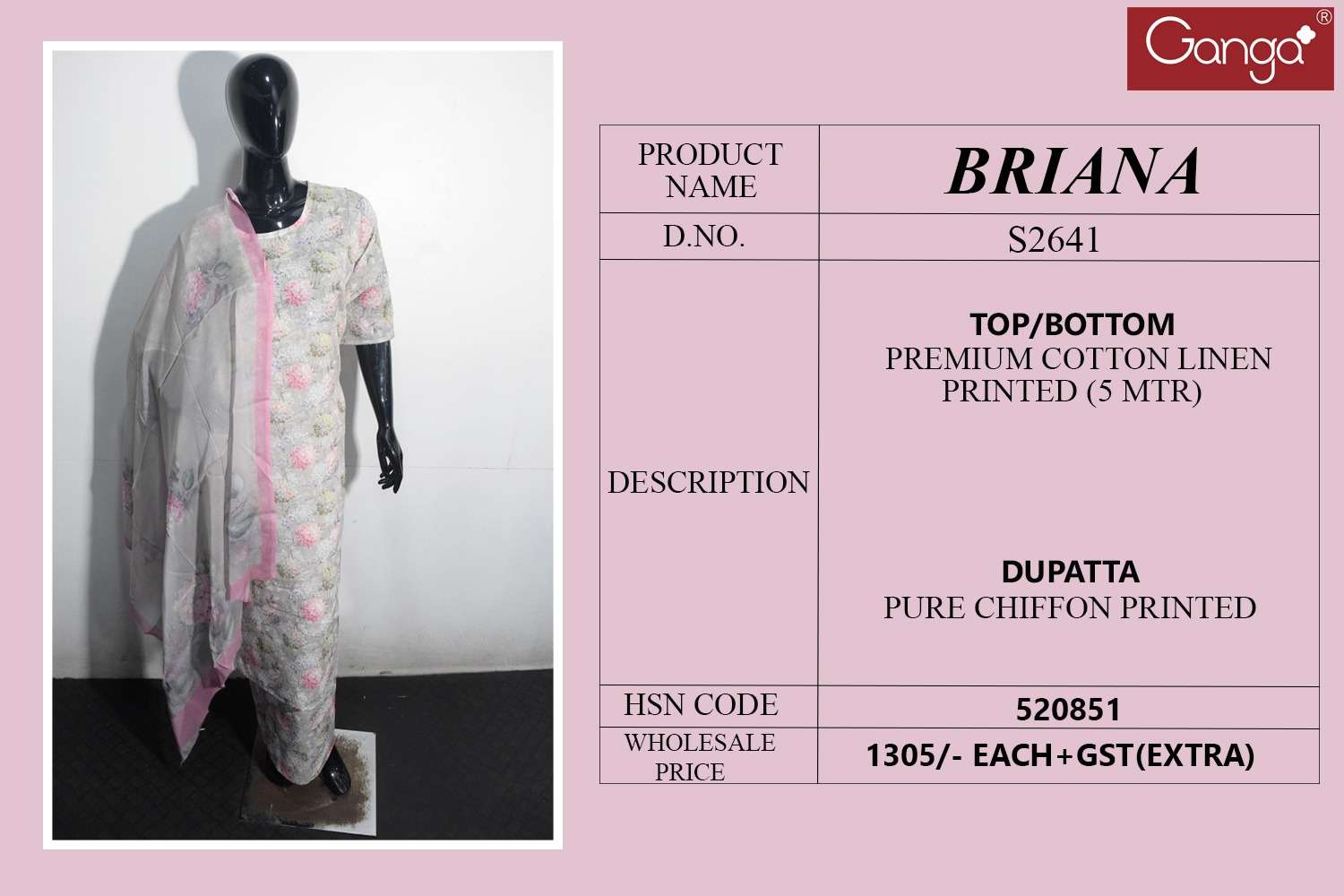 Ganga Fashion Briana 2641 Printed Cotton Linen Suit Wholesalers view 3