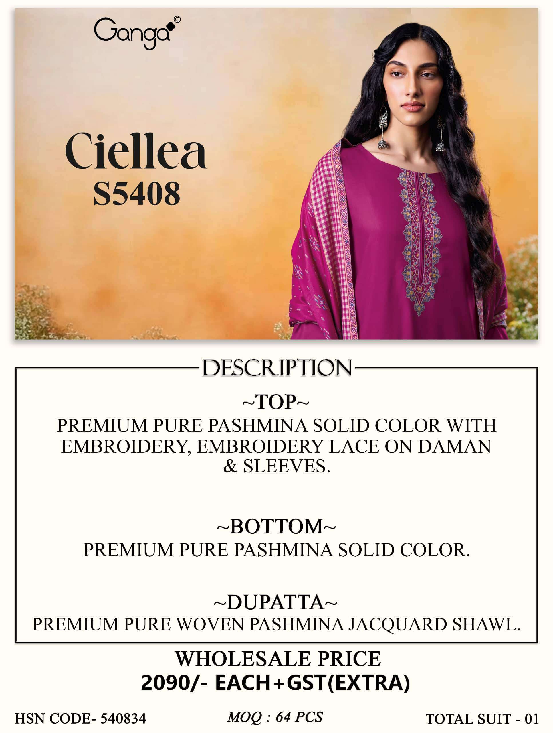 Ganga Fashion Ciellea 5408 Pure Pashmina Ladies Suits Winter Collection view 3