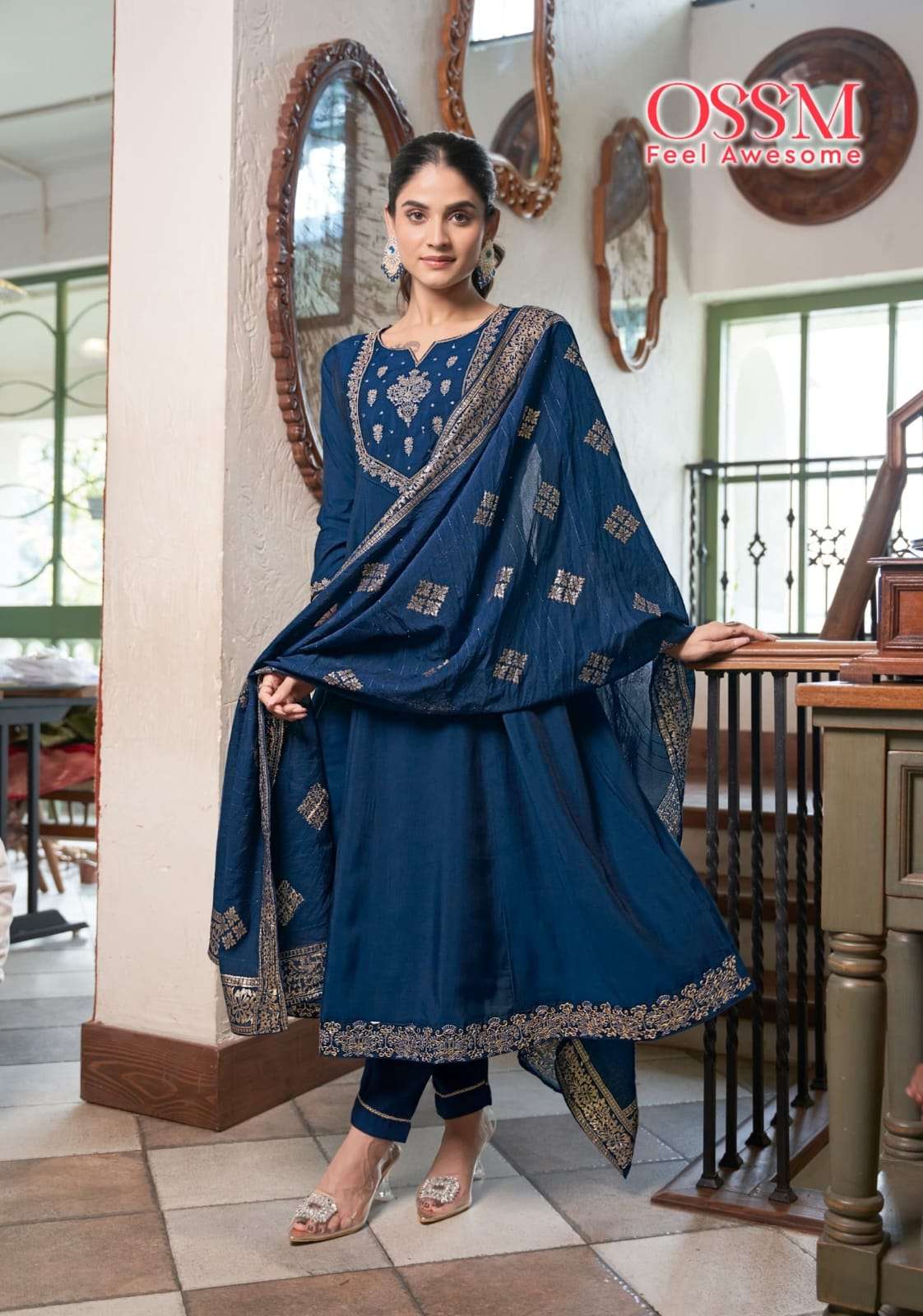 Ossm Sargam Stylish Anarkali Kurti Pant Dupatta Set New Designs view 7