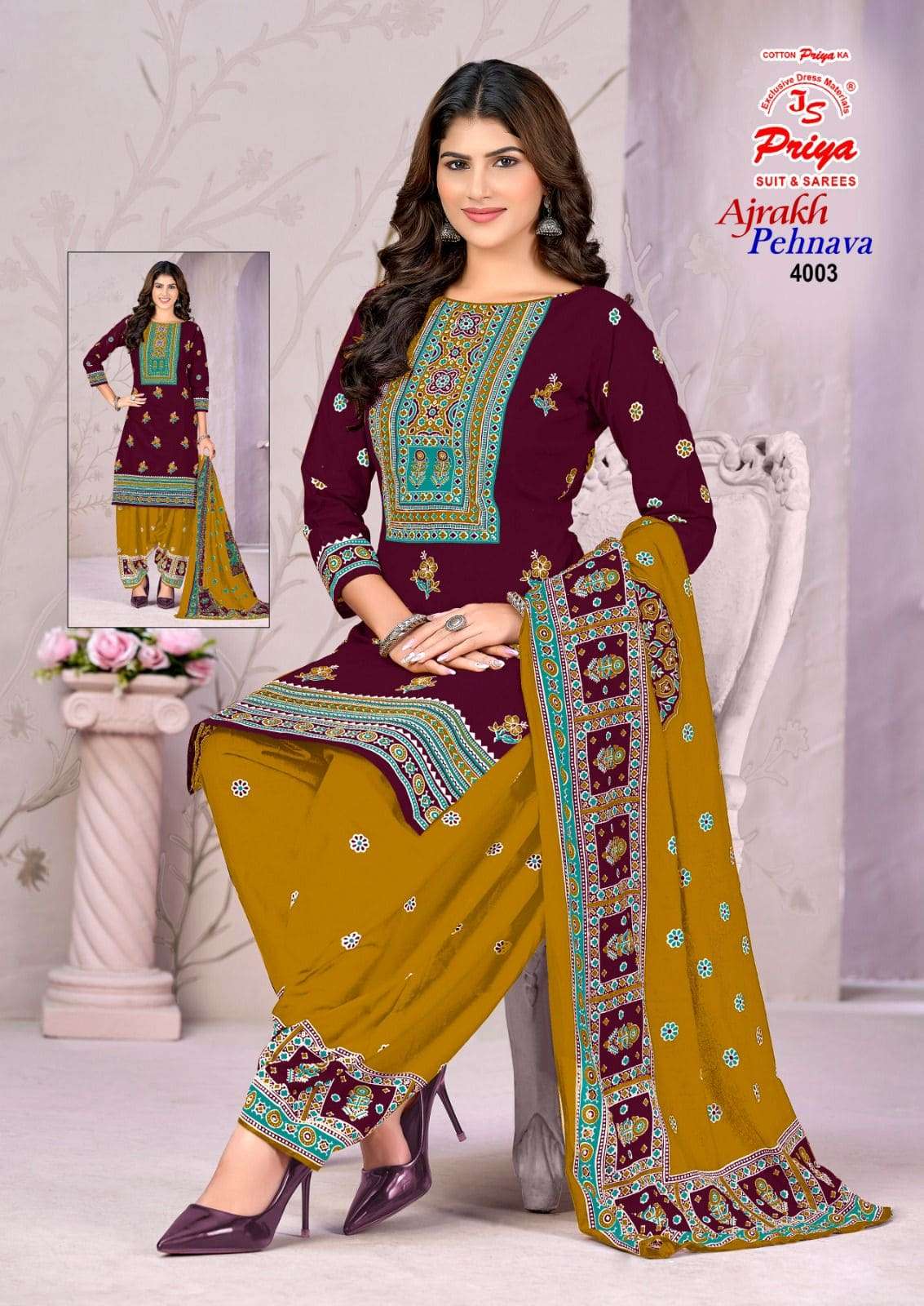 Js Priya Ajrakh Pehnava Vol 4 Premium Wear Cotton Dress Material view 11