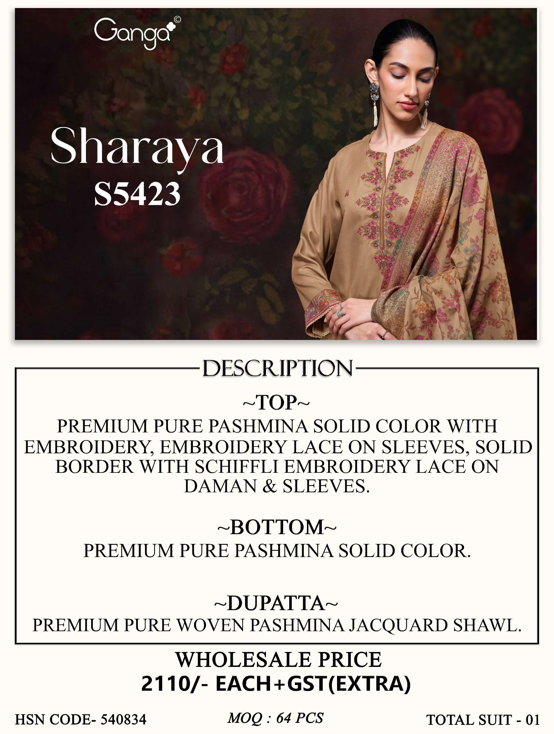 Ganga Fashion Sharaya 5423 Pure Pashmina Salwar Kameez Collection view 3