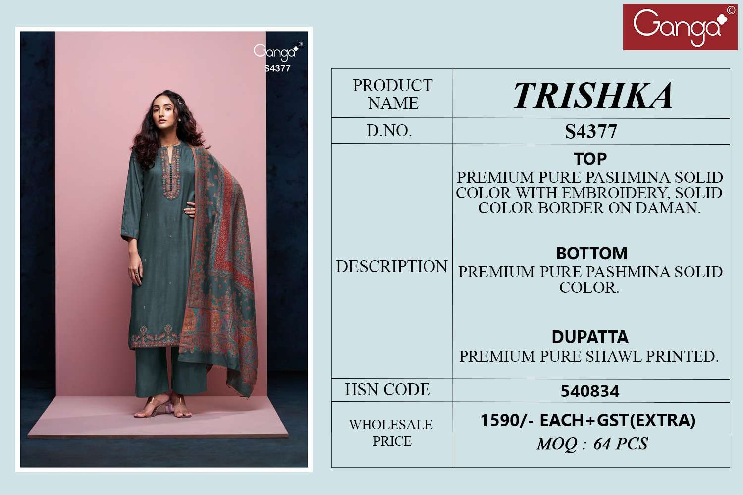 Ganga Fashion Trishka 4377 Pure Pashmina Fancy Winter Collection Suits view 2