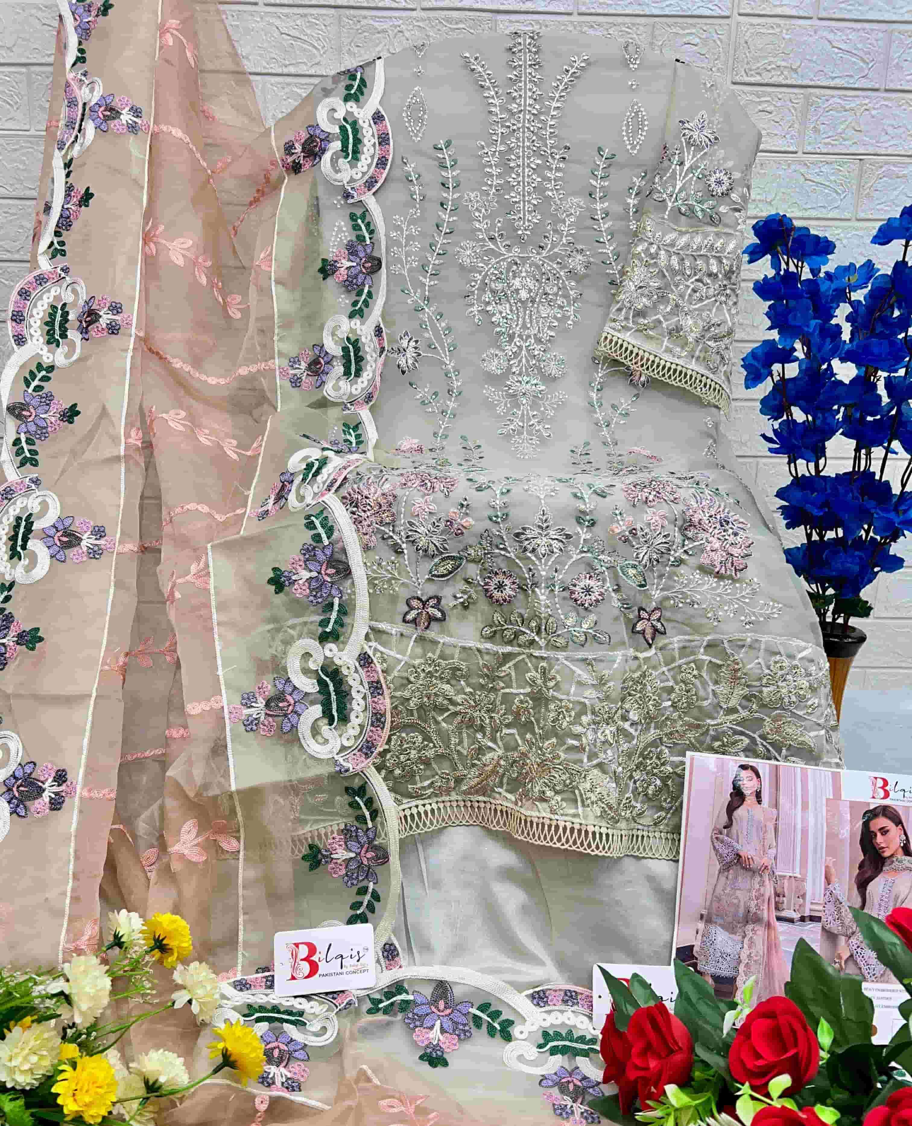 Bilqish B 28 Colors Pakistani Organza Embroidered Dress Wholesalers view 8