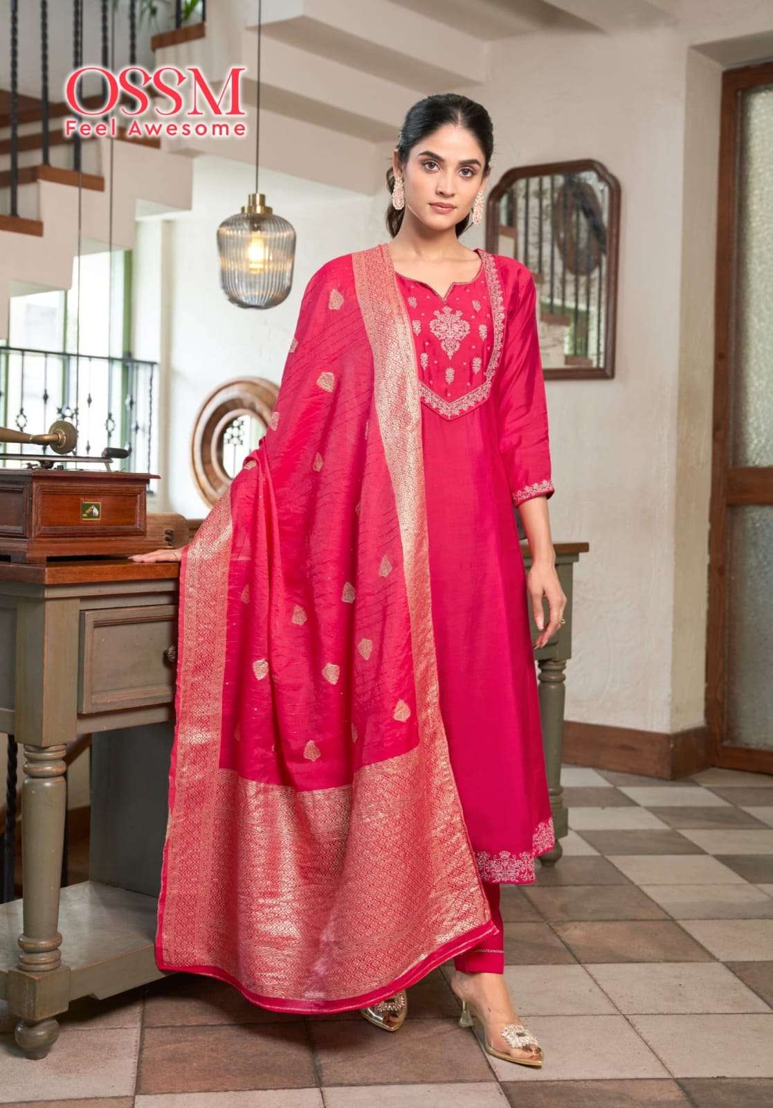 Ossm Sargam Stylish Anarkali Kurti Pant Dupatta Set New Designs view 3