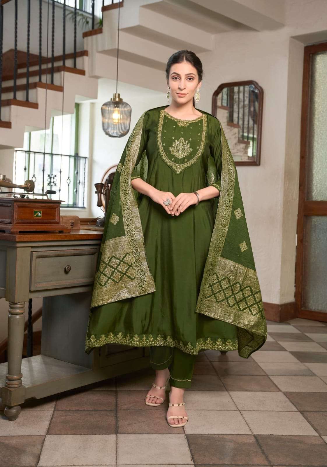 Ossm Sargam Stylish Anarkali Kurti Pant Dupatta Set New Designs view 5