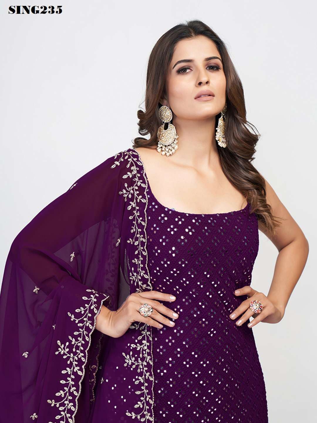 Arya Designs Wine Georgette Sharara Set view 7