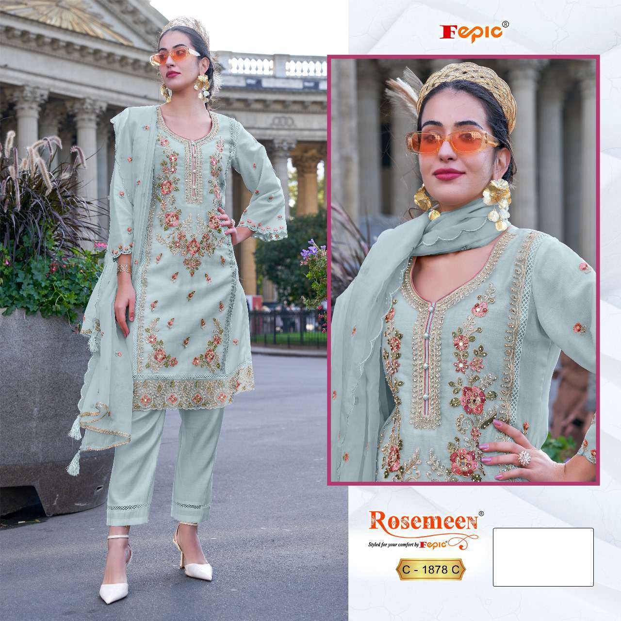 Fepic C 1878 Colors Rosemeen Pakistani Organza Suit Catalog Exporter view 2