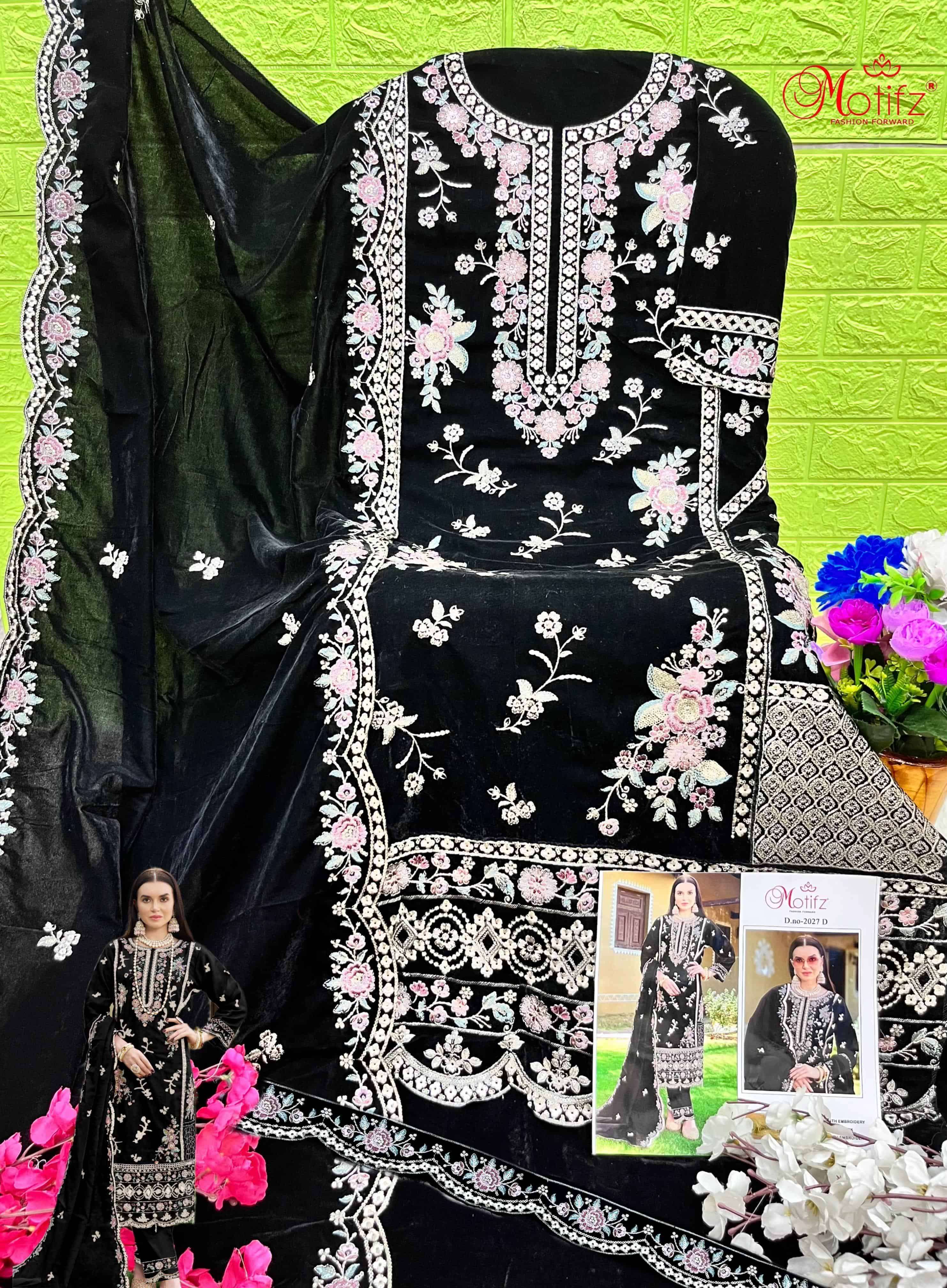 Motifz 2027 D Party Wear Style Designer Pakistani Velvet Embroidered Dress view 2