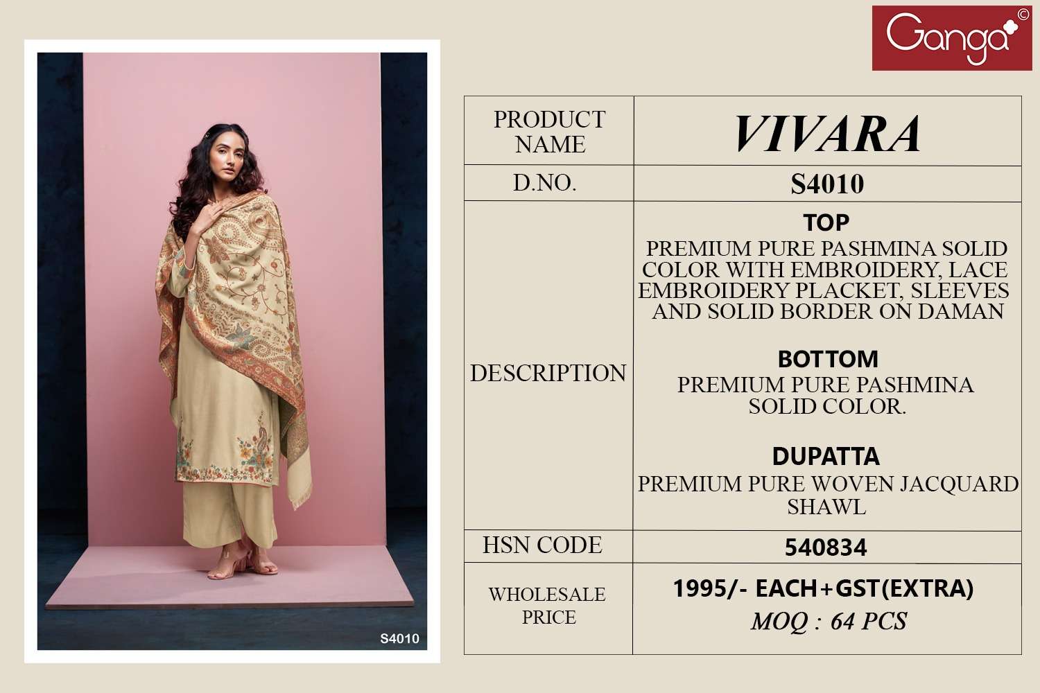 Ganga Fashion Vivara 4010 Premium Pure Pashmina Suit Winter Collection