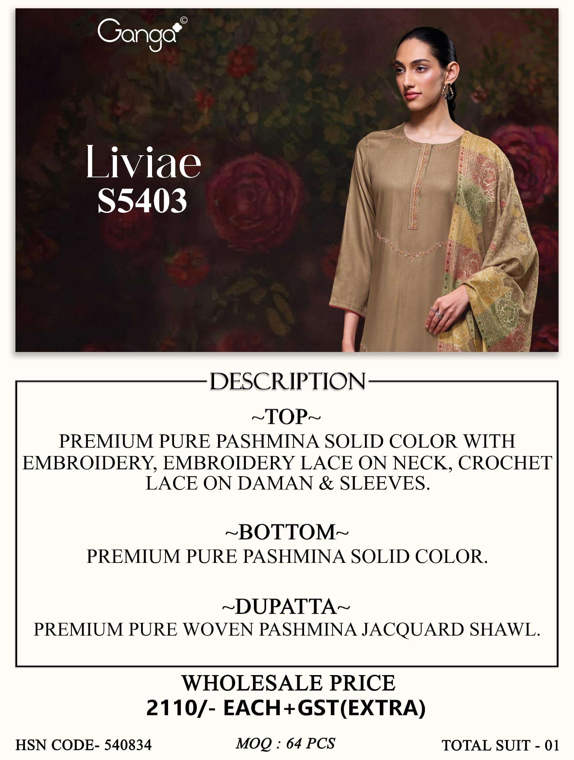 Ganga Fashion Liviae 5403 Pure Pashmina Winter Collection Salwar Suits view 3