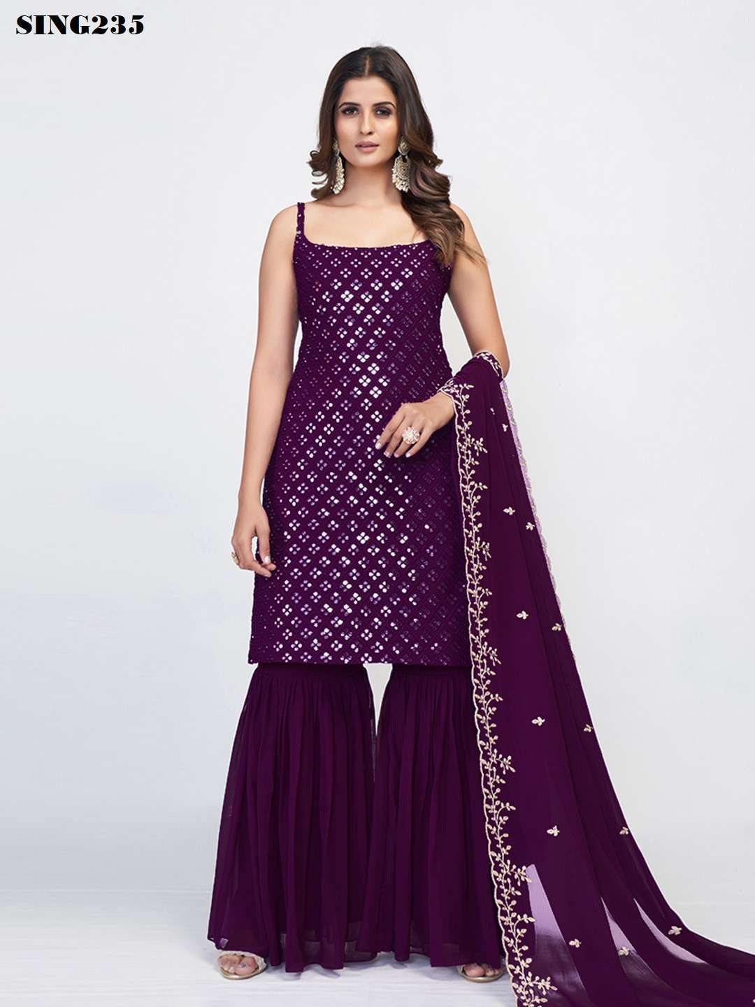 Arya Designs Wine Georgette Sharara Set view 3