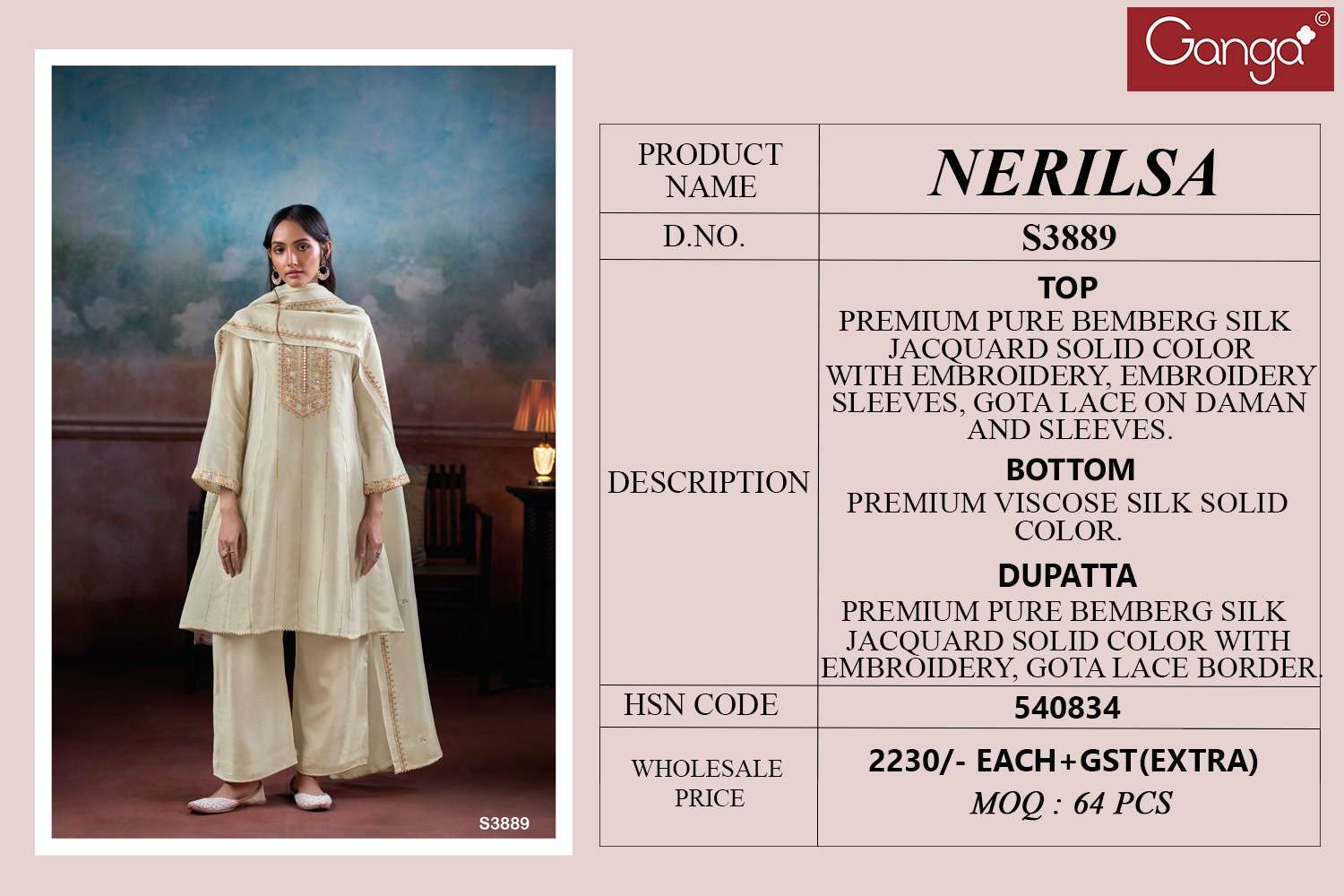 Ganga Fashion Nerilsa 3889 Pure Bemberg Silk Designer Suit Collection view 3