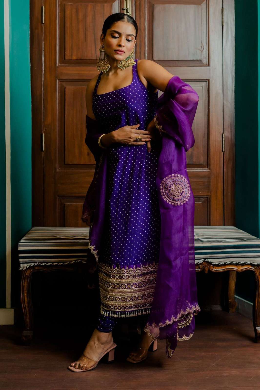 Arya Designs Purple Satin Pant Style Suit view 3
