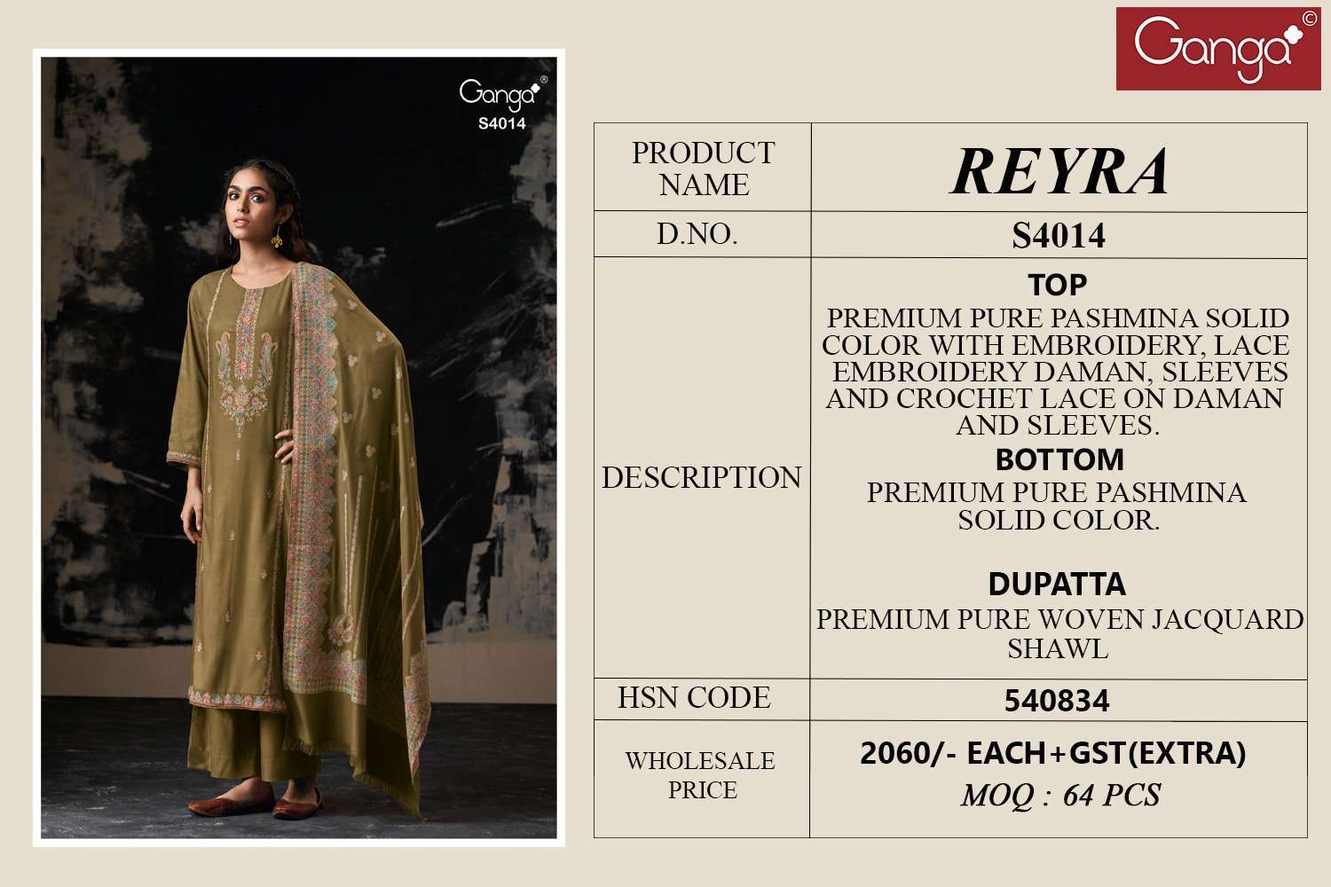Ganga Fashion Reyra 4014 Pure Pashmina Winter Wear Fancy Suits view 2