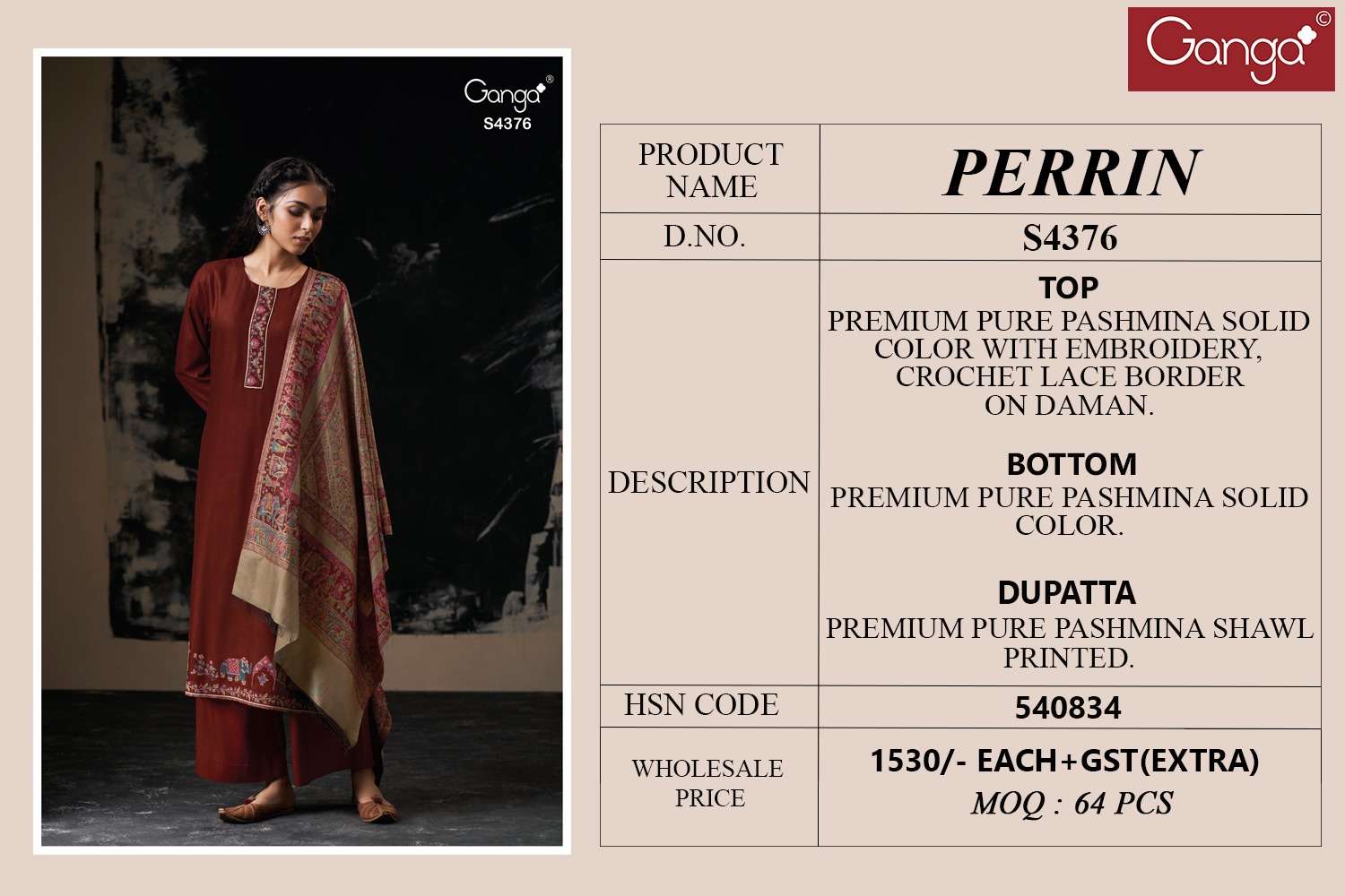 Ganga Fashion Perrin 4376 Pure Pashmina Suit Winter Collection view 2