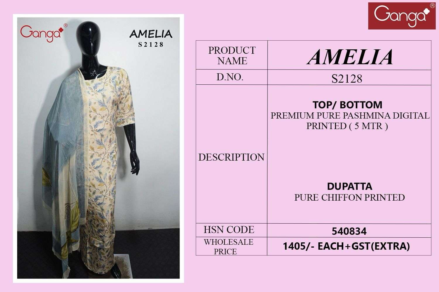 Ganga Amelia 2128 Pashmina Digitally Printed Ladies Suits New Designs view 2