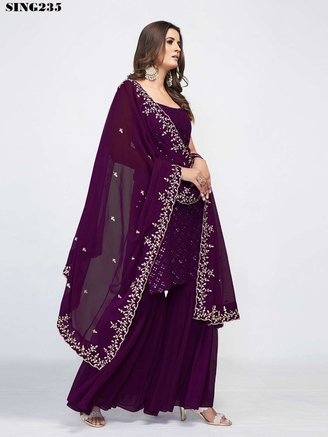 Arya Designs Wine Georgette Sharara Set view 4