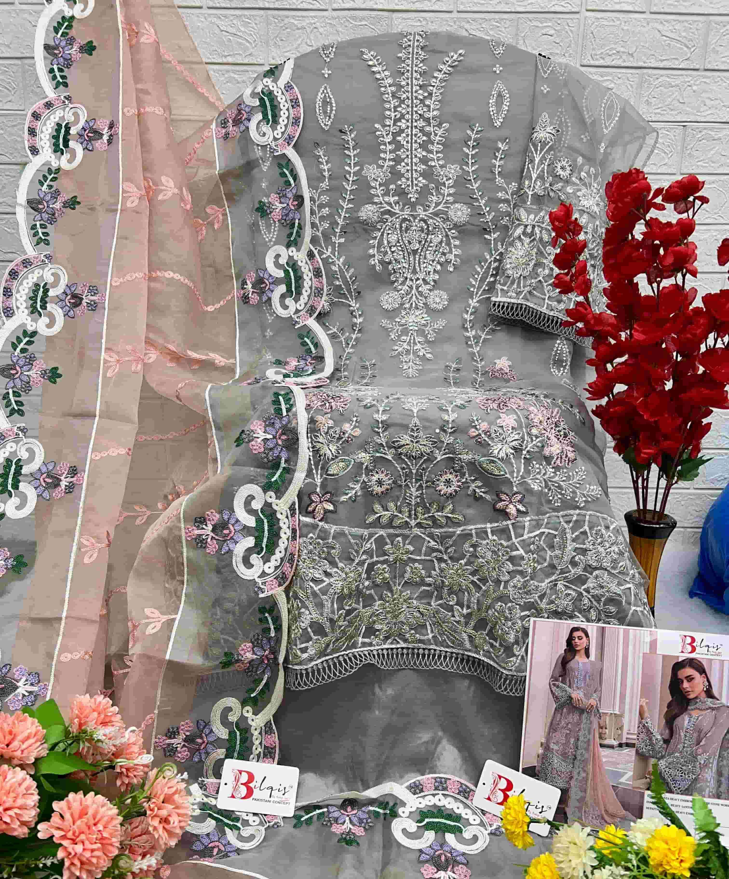 Bilqish B 28 Colors Pakistani Organza Embroidered Dress Wholesalers view 7