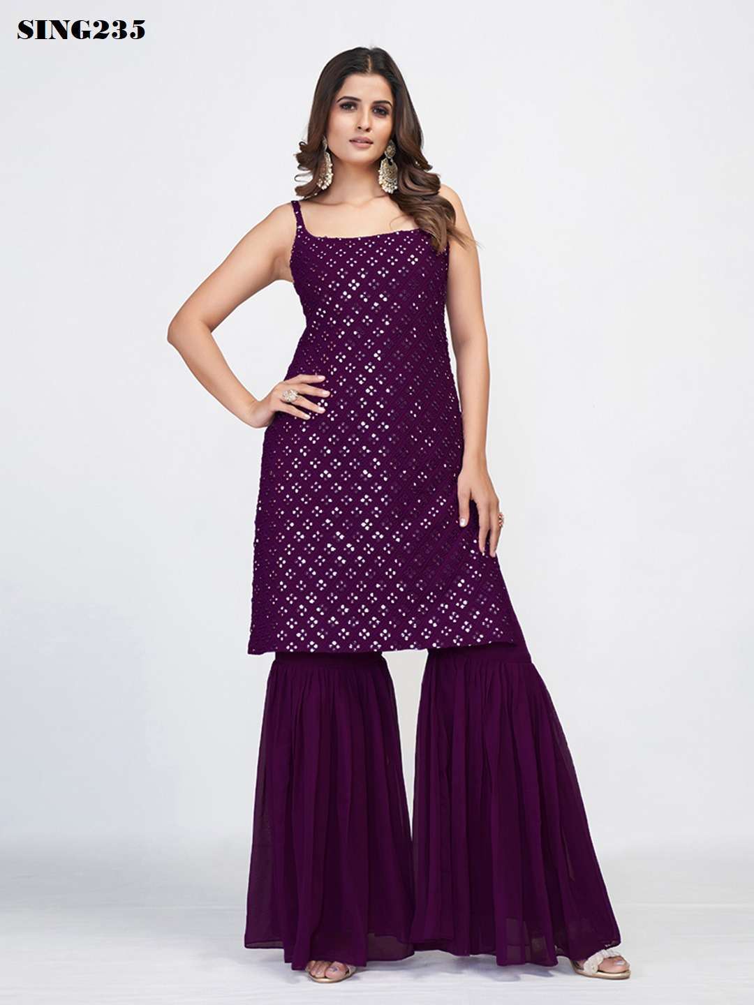 Arya Designs Wine Georgette Sharara Set view 5