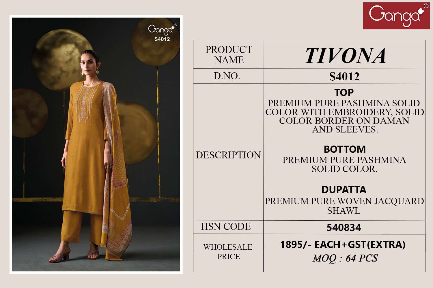 Ganga Fashion Tivona 4012 Pure Pashmina Suit Winter Collection view 3