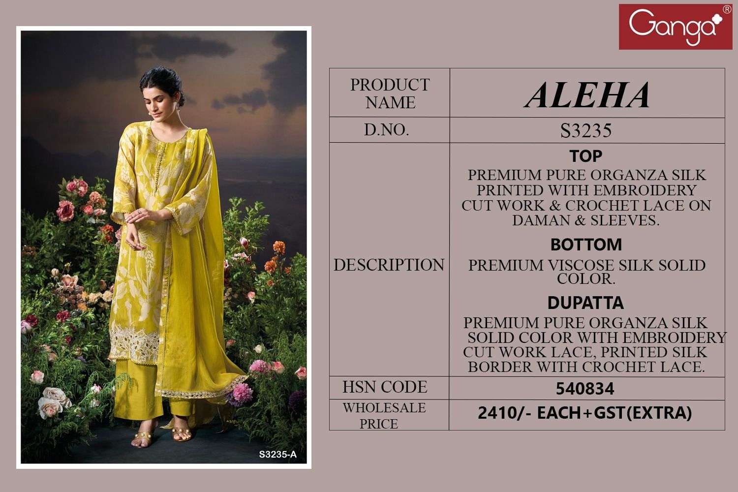 Ganga Fashion Aleha 3235 Exclusive Organza Silk Latest Suits view 7