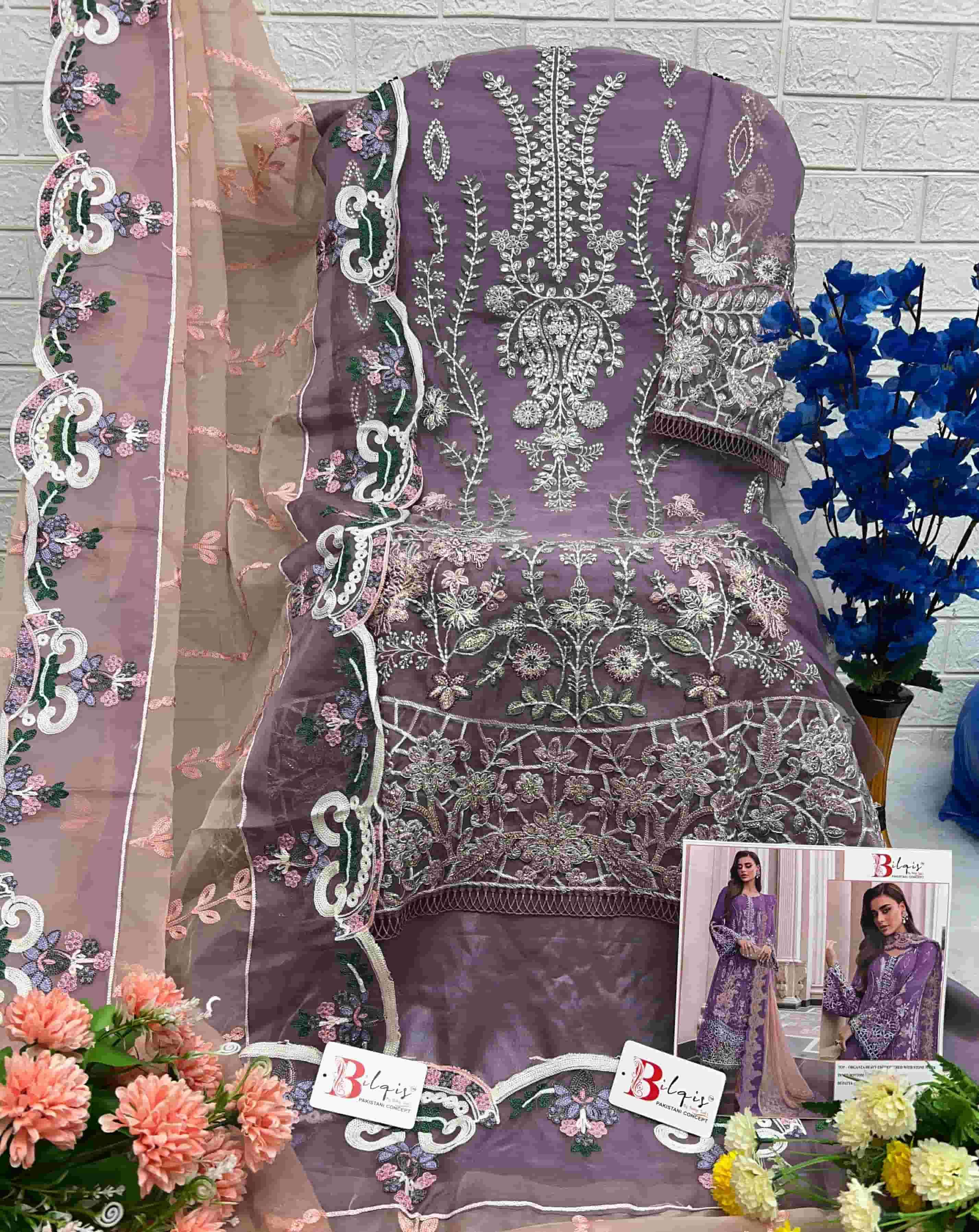 Bilqish B 28 Colors Pakistani Organza Embroidered Dress Wholesalers view 6
