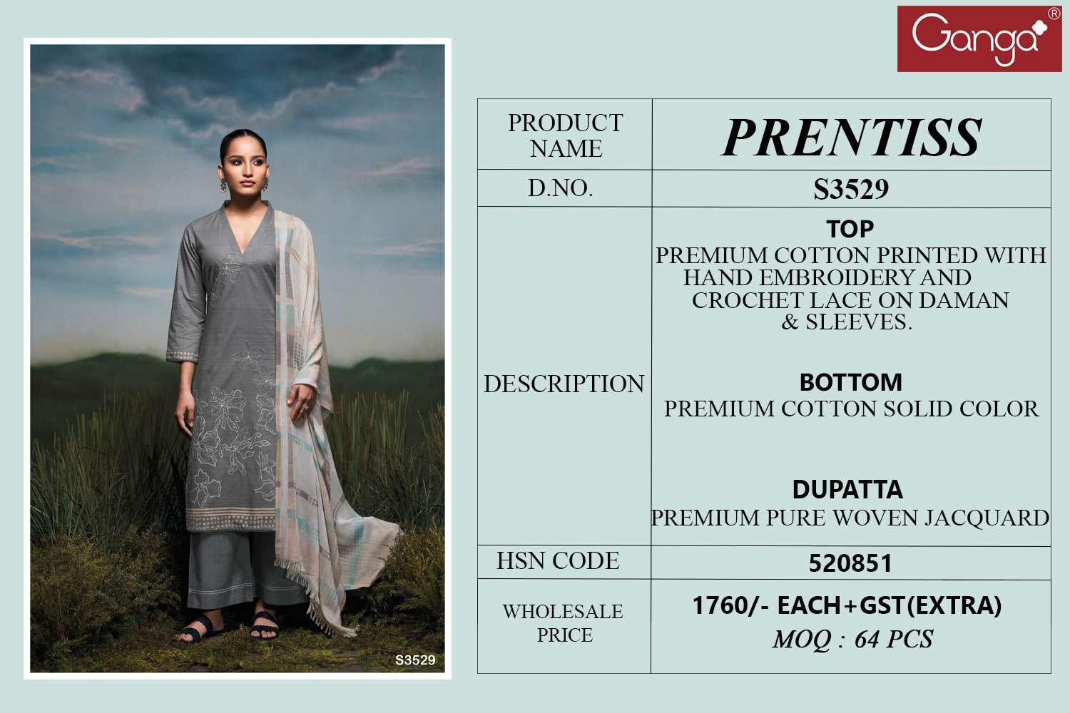Ganga Fashion Prentiss 3529 Premium Designs Cotton Suit Collection
