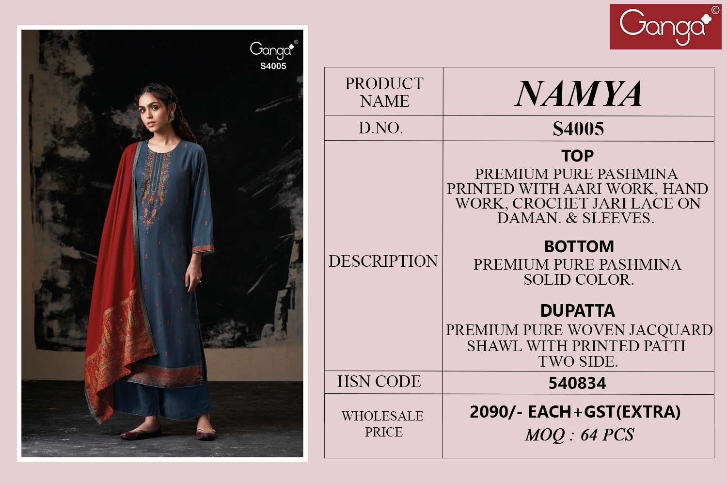 Ganga Fashion Namya 4005 Pure Pashmina Premium Design Suit Winter Collection view 3
