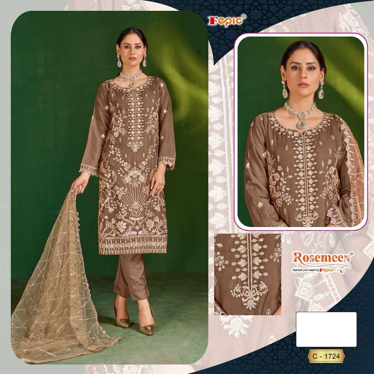 Fepic Rosemeen Organza Pakistani Suit C 1724