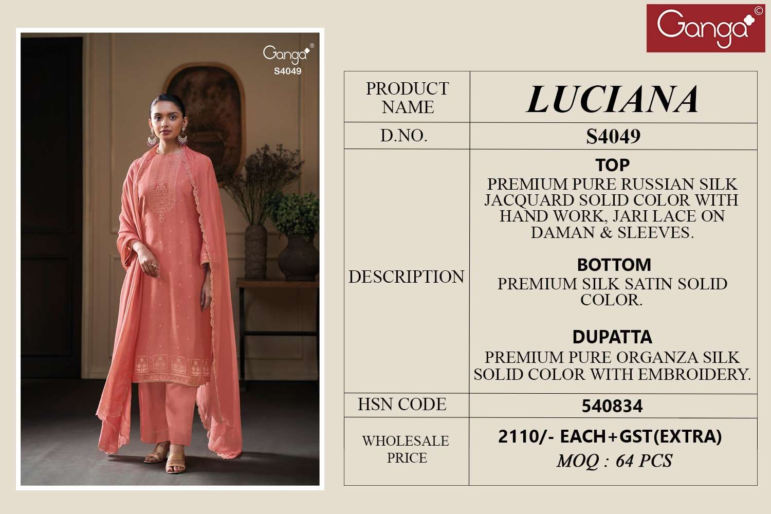 Ganga Fashion Luciana 4049 Pure Russian Silk Premium Designs Suits view 3