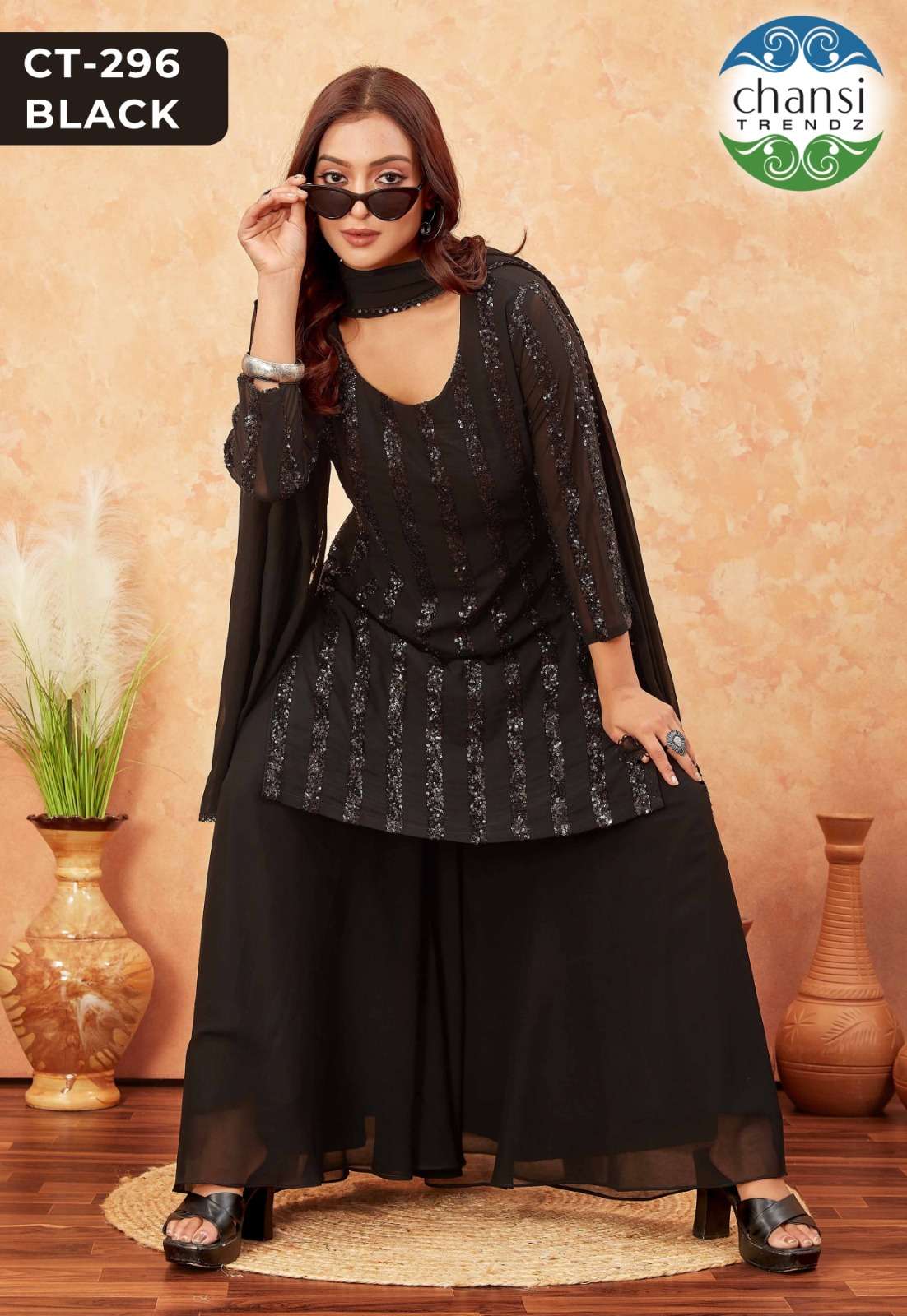 Chansi Trendz Ct 296 Black Fancy Georgette Palazzo Suit Collection view 3