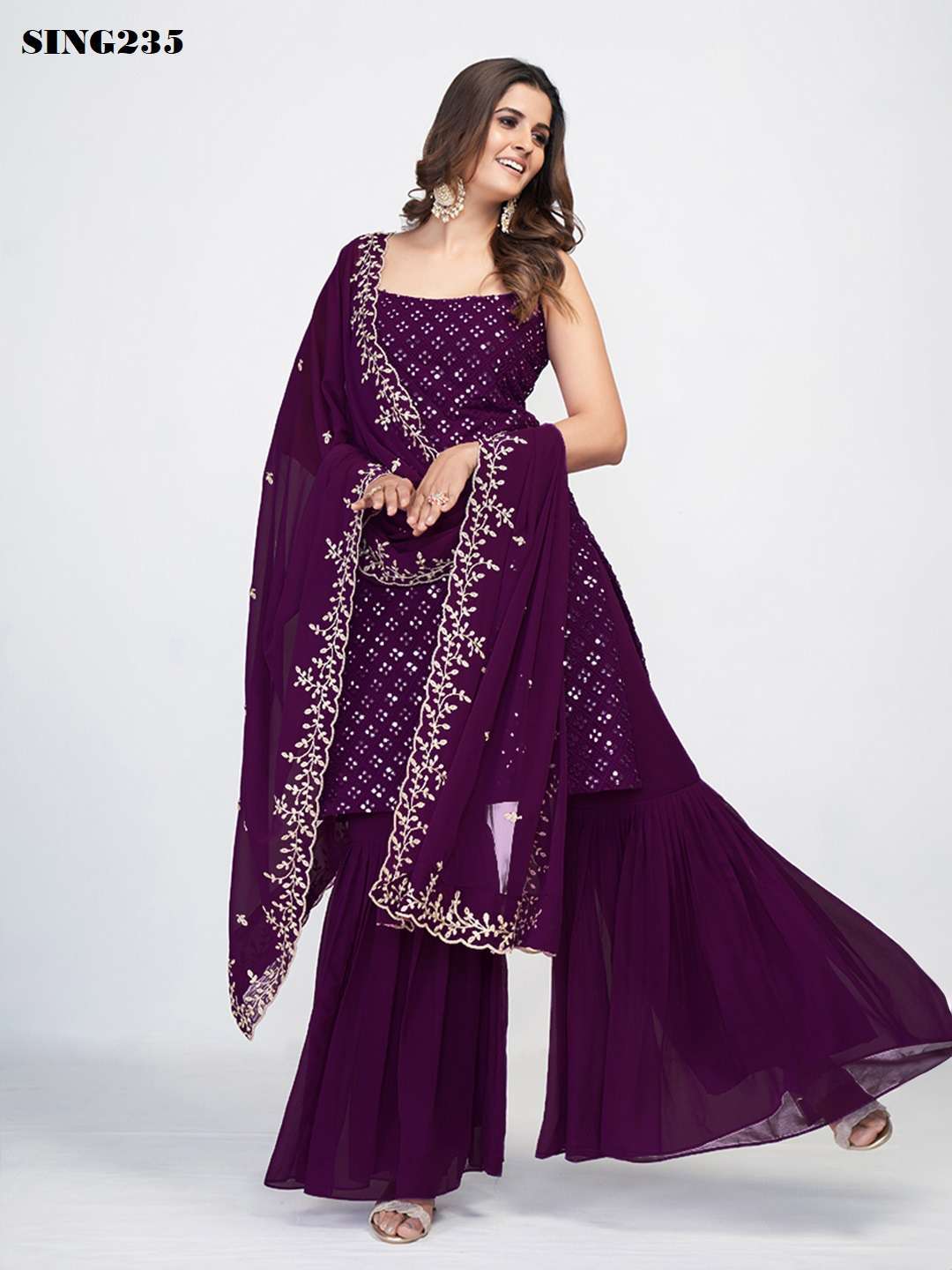 Arya Designs Wine Georgette Sharara Set view 6