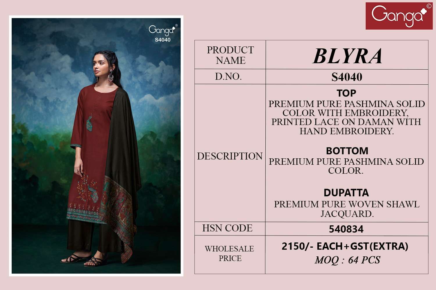 Ganga Fashion Blyra 4040 Latest Designs Pure Pashmina Suits Winter Collection view 4