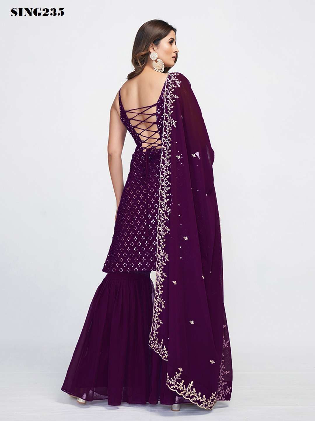 Arya Designs Wine Georgette Sharara Set view 8
